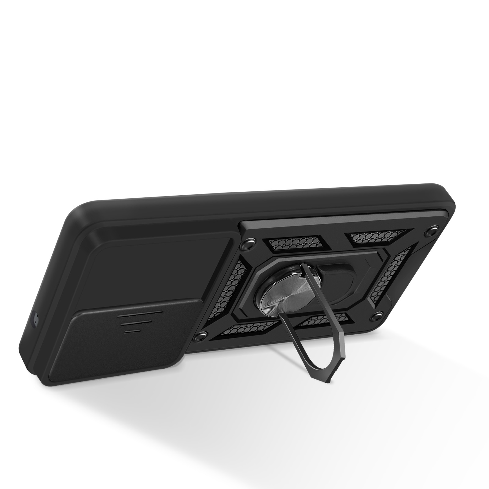 Custodia nera per telefono con un anello di supporto. L'area della fotocamera ha un design strutturato.