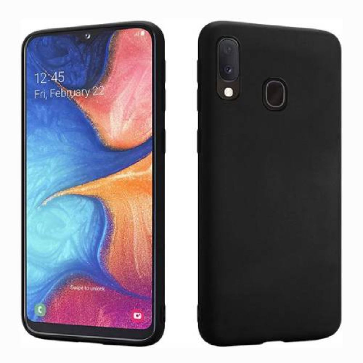 Due smartphone, uno nero e l'altro con una custodia sfumata, che mostrano la schermata iniziale.