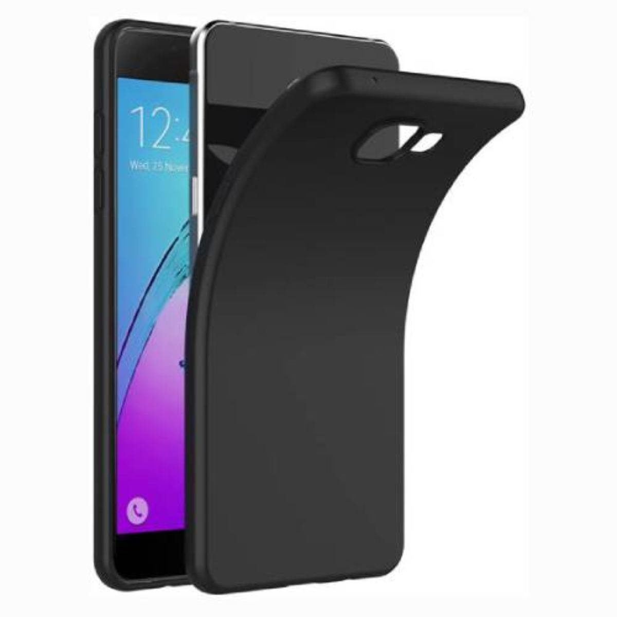 Telefono nero con custodia nera. Lo schermo del telefono mostra l'ora e uno sfondo viola.