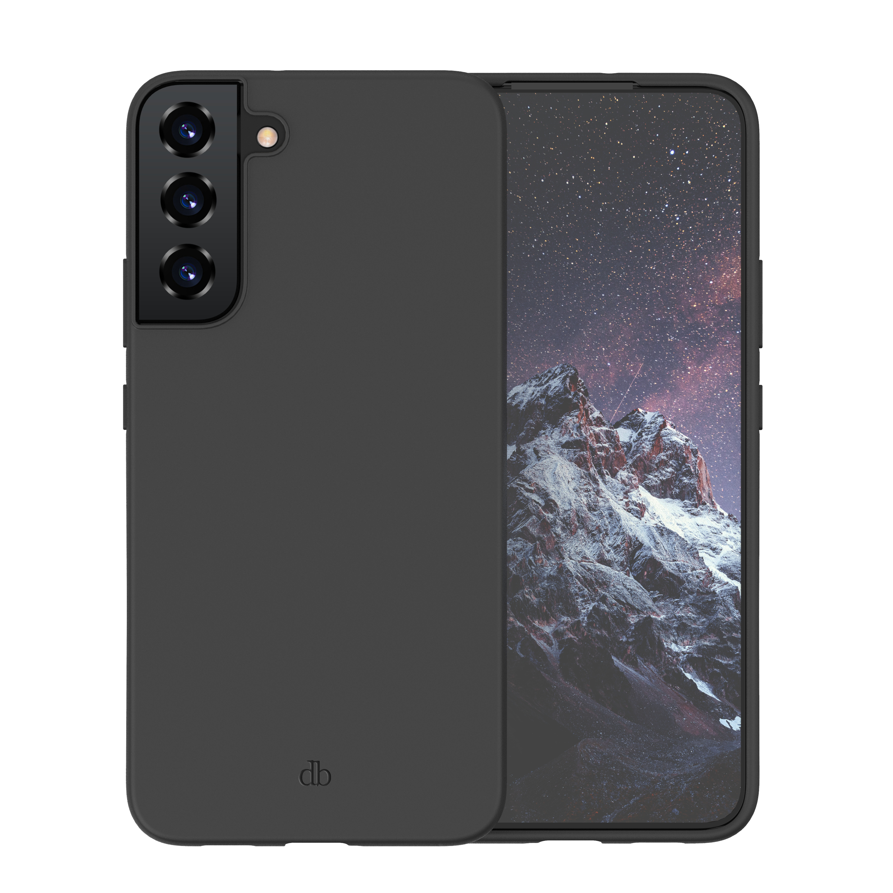 Telefono nero con custodia nera. Tre obiettivi della fotocamera e un logo db in basso.