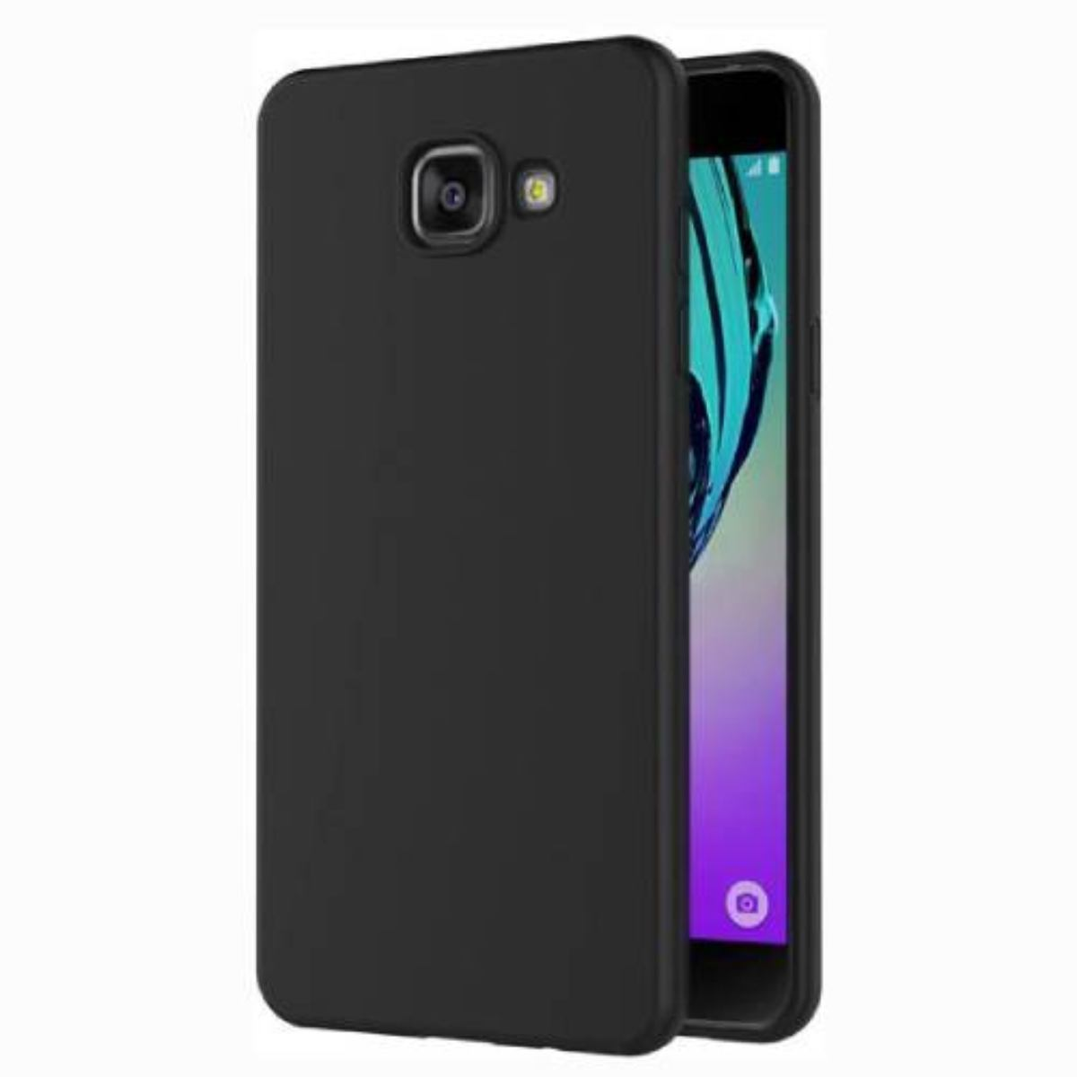 Telefono nero con custodia nera. Lo schermo mostra uno sfondo viola e una fotocamera.