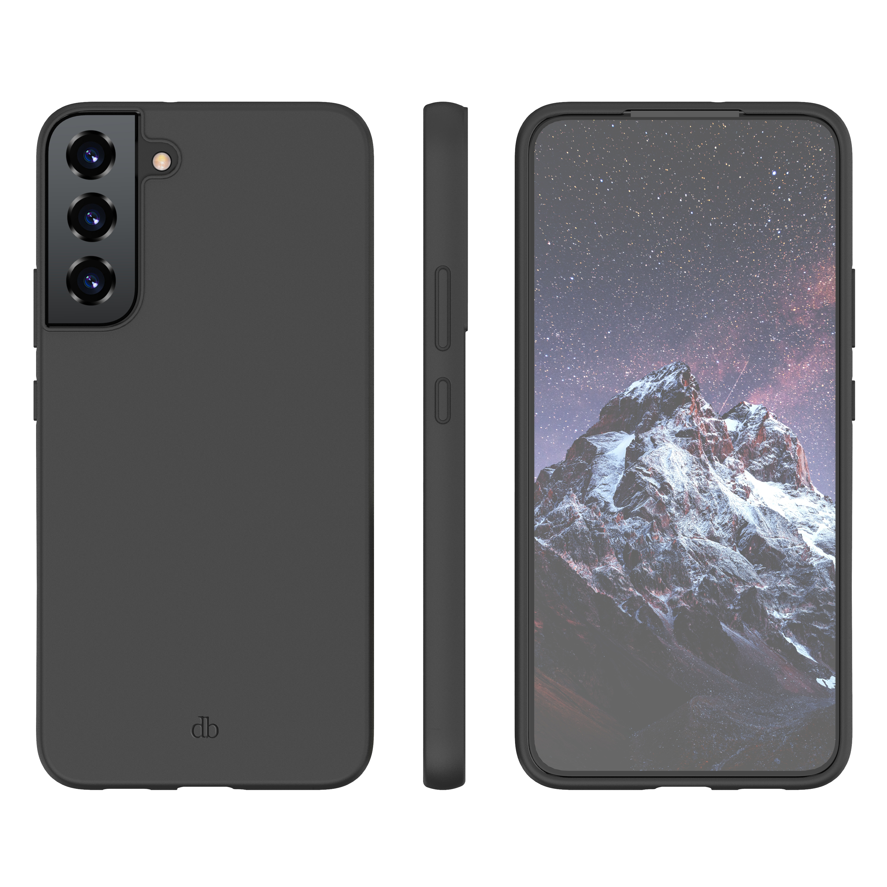 Custodia nera con tre fotocamere e logo 'db'. Telefono a destra con bordo nero.
