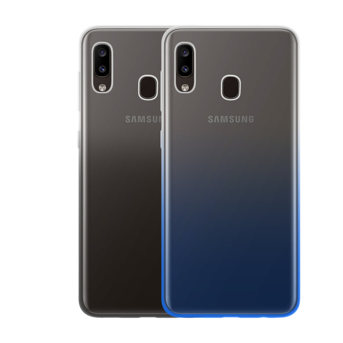 Due smartphone con una custodia trasparente che mostra un colore sfumato sul retro. Lo sfondo è bianco.