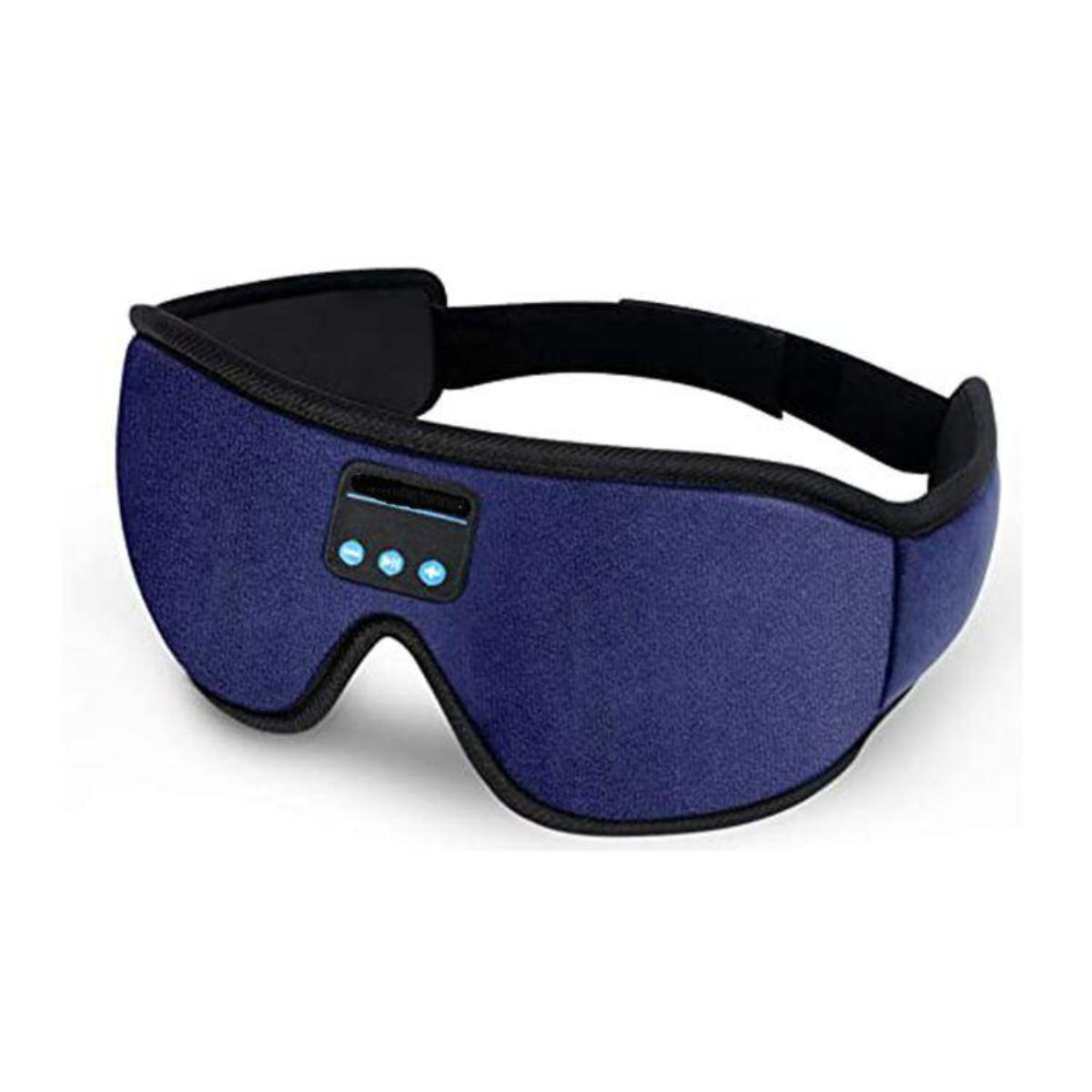 Eine blaue Augenmaske mit Knöpfen und einem Logo, zum Schlafen mit einer Art Technologie.