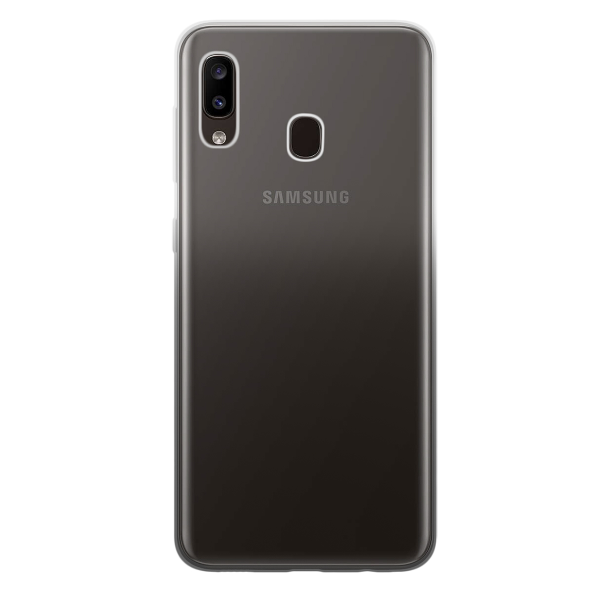 Una custodia trasparente con un telefono Samsung all'interno. Il retro ha una tripla fotocamera e il logo Samsung.