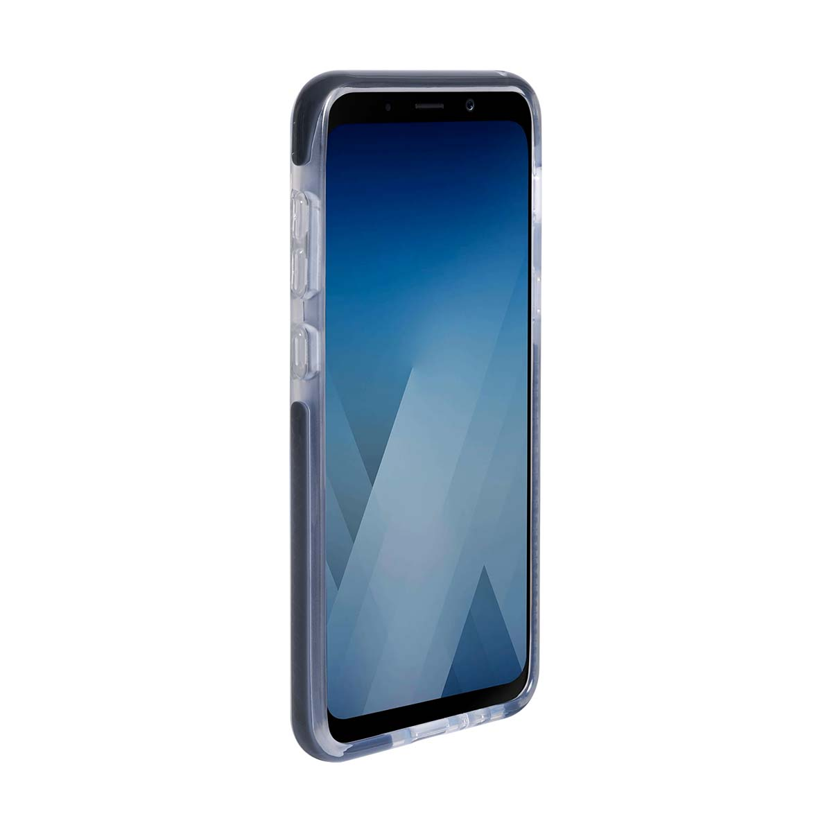 Una custodia trasparente per telefono su un telefono. Lo schermo mostra un design astratto blu e grigio.