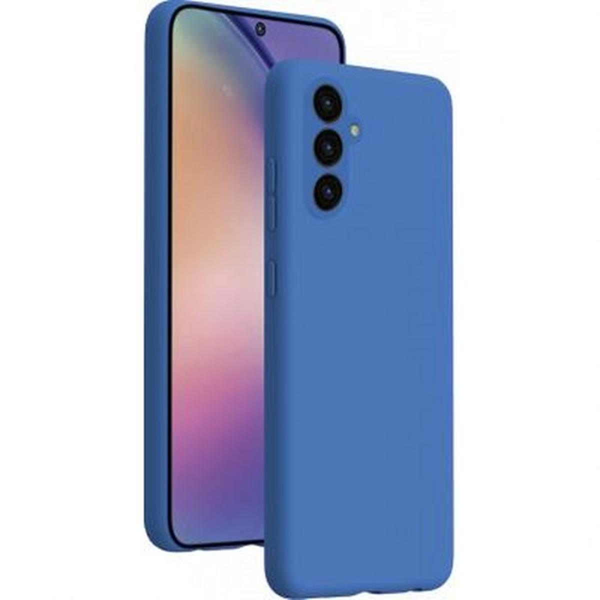 Una custodia blu per telefono con un telefono. Il telefono ha tre fotocamere. La custodia è di colore blu pieno.