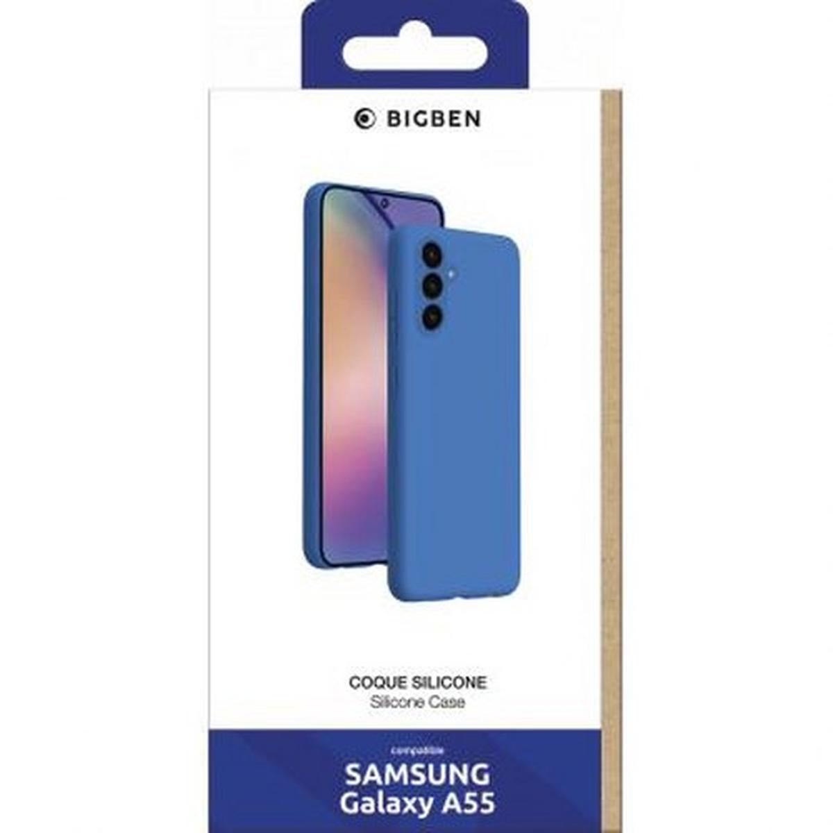 Custodia blu per telefono con telefono. La custodia è su una scatola. La scatola dice 'Samsung Galaxy A55' e 'Custodia in silicone'.