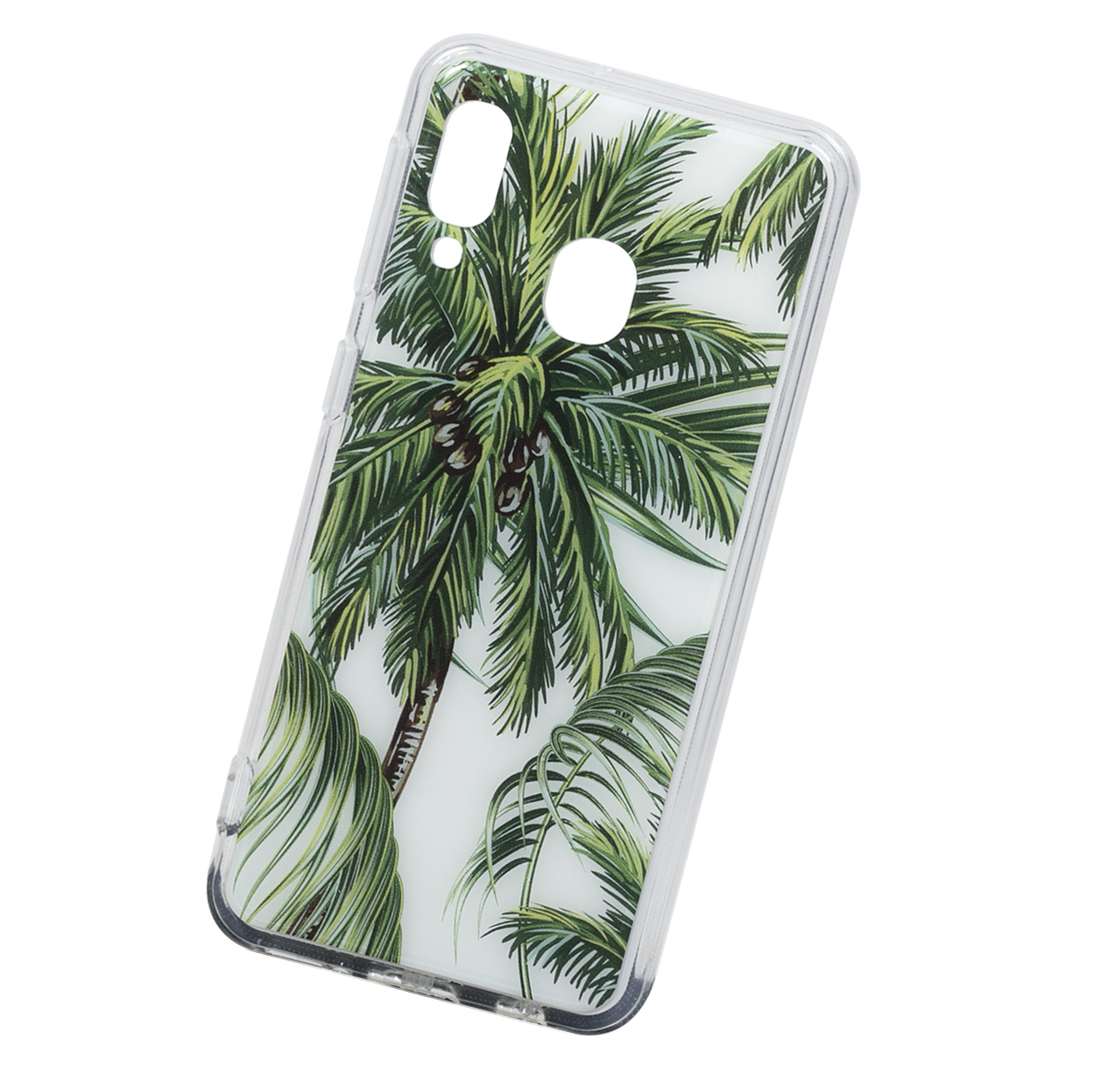 Una custodia trasparente per telefono con un design a palma su sfondo bianco, leggermente angolata.