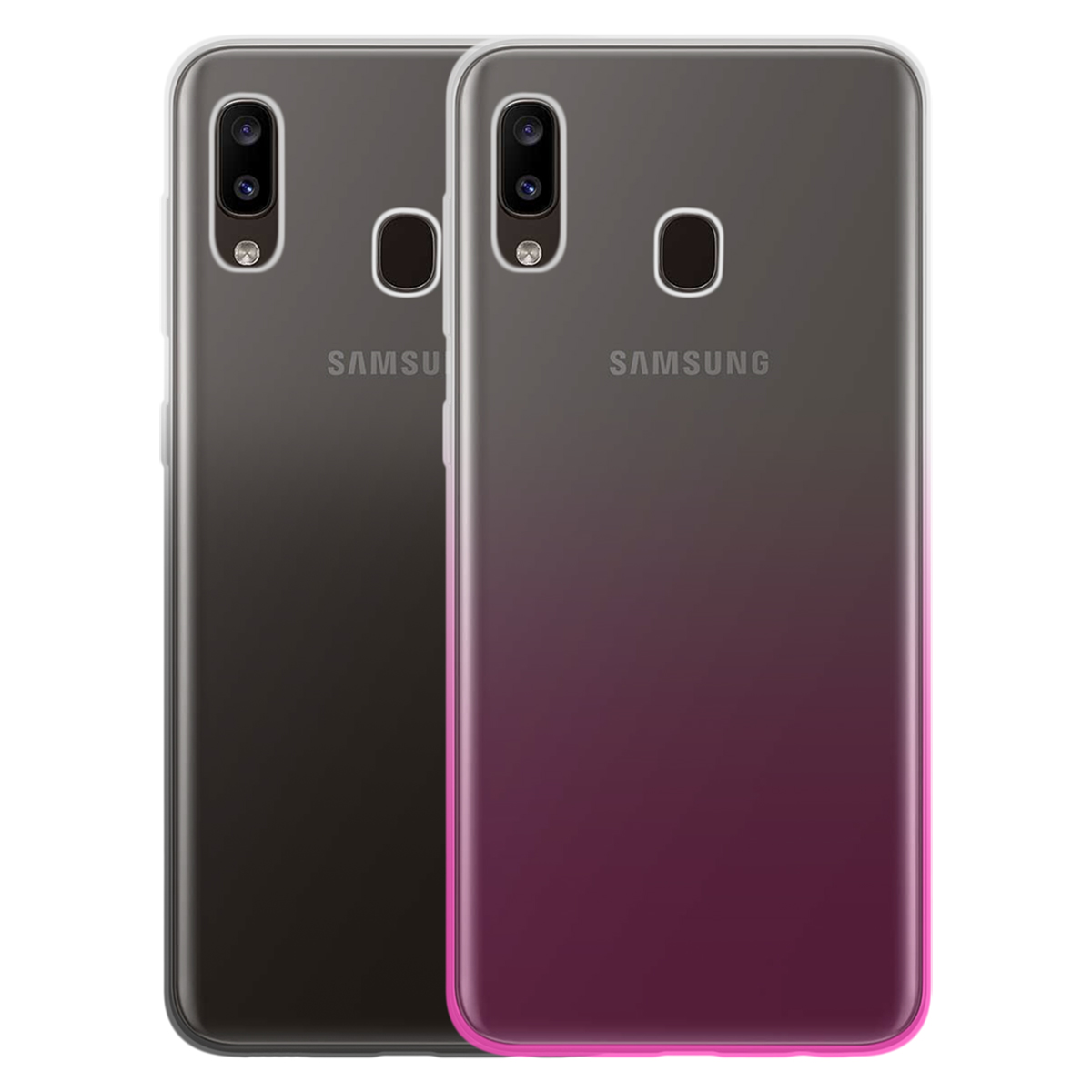Due custodie per telefono, una nera, una con sfumatura viola, logo Samsung sul retro.
