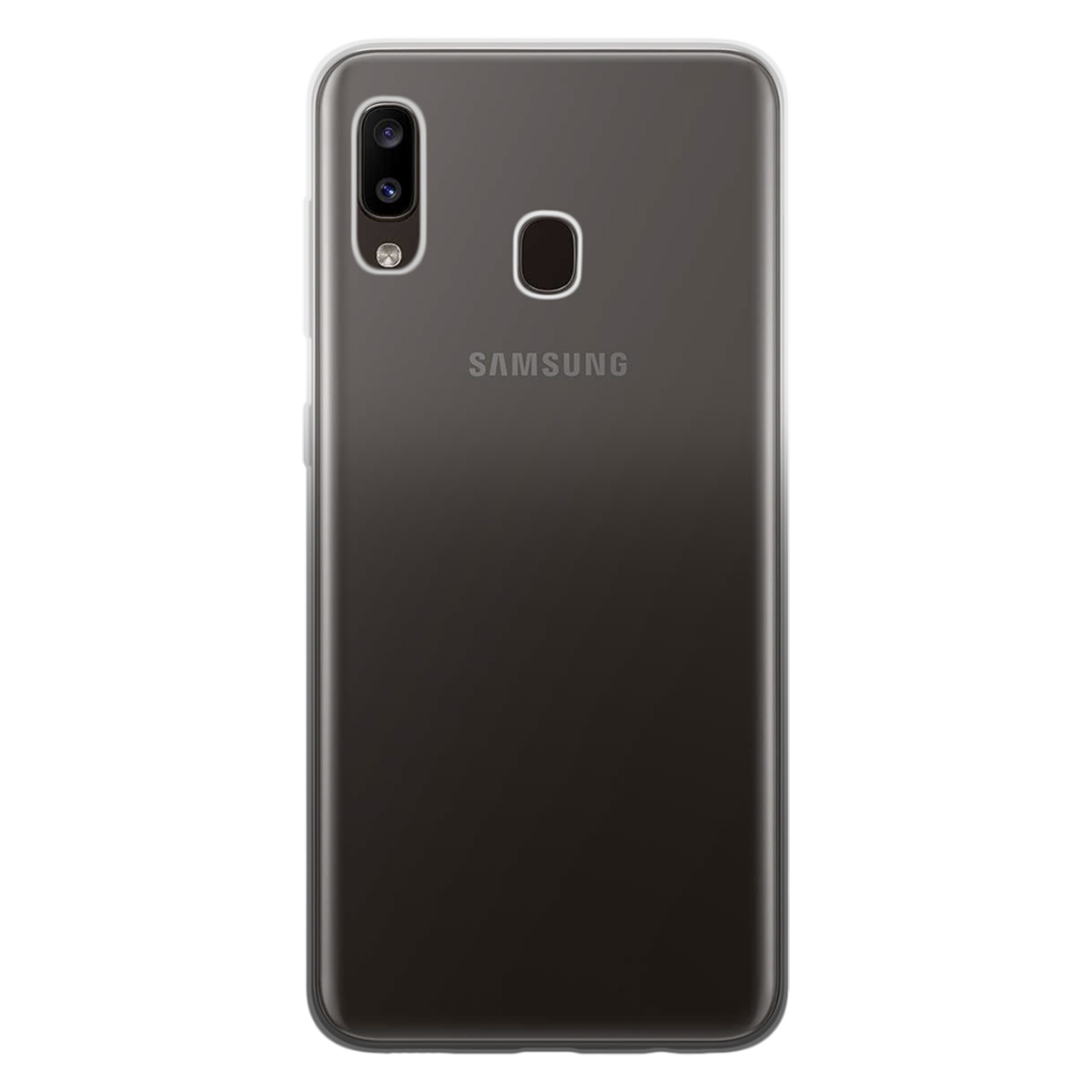 Custodia trasparente con un telefono Samsung all'interno. Sfondo bianco.