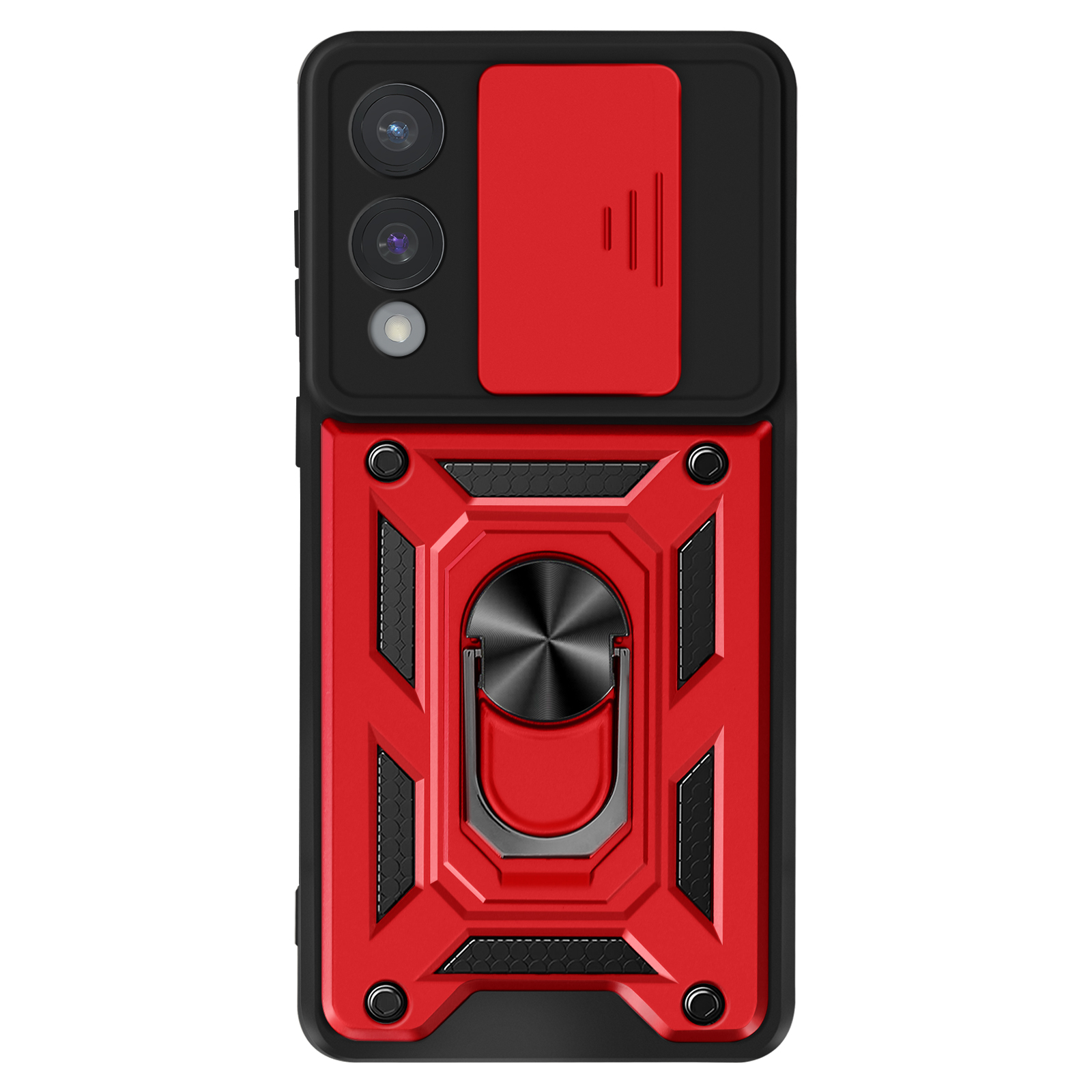 Custodia per telefono nera e rossa con anello. Ci sono tre fotocamere in alto. Un cursore rosso le copre.