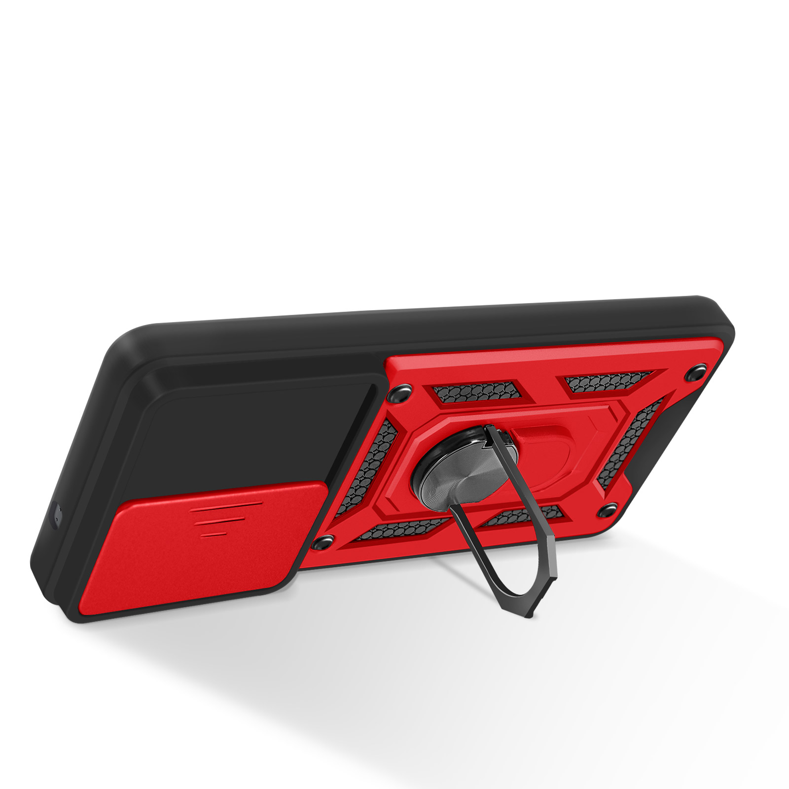 Custodia per telefono con anello, design rosso e nero, sfondo bianco.