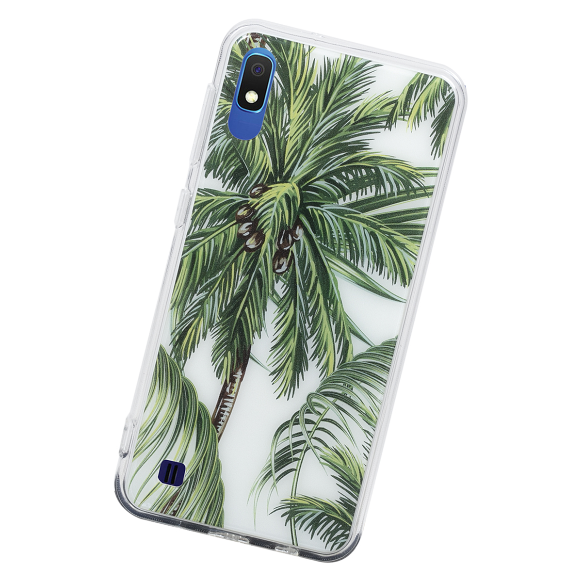 Custodia per telefono con design a palma. Custodia trasparente con sfondo bianco.
