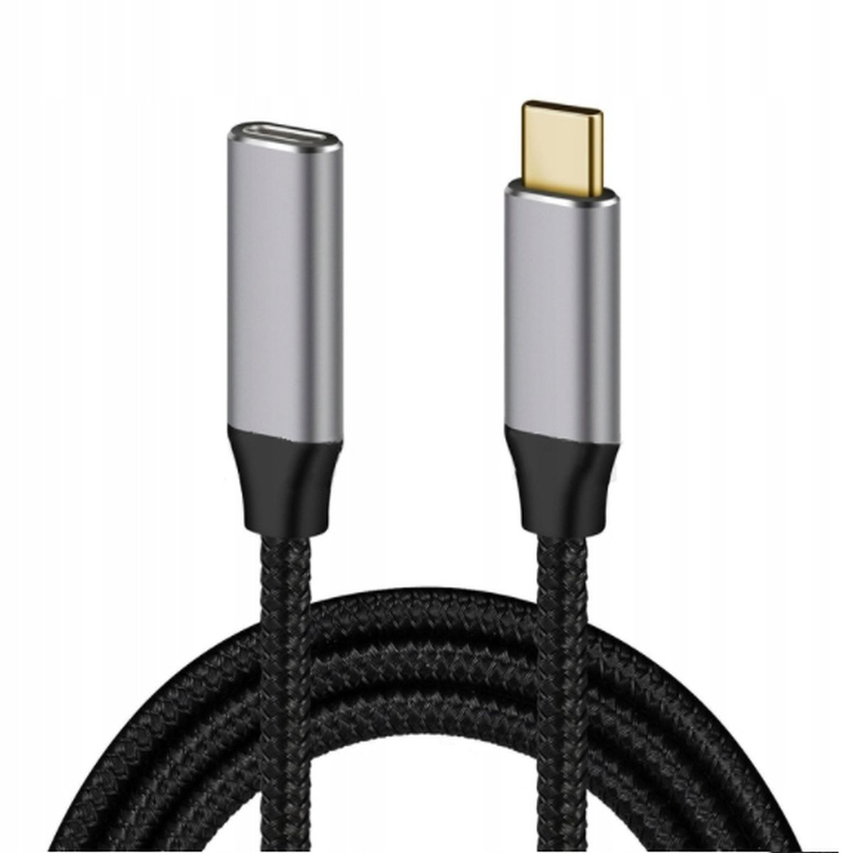 Kabel ładujący USB-C do USB-C, srebrne złącza, czarny pleciony kabel.