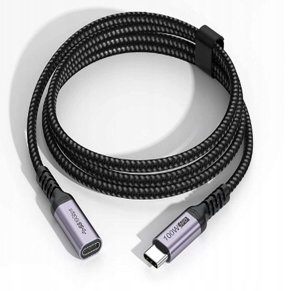 Czarno-szary kabel USB-C, zwinięty. Dwa końce z złączami.