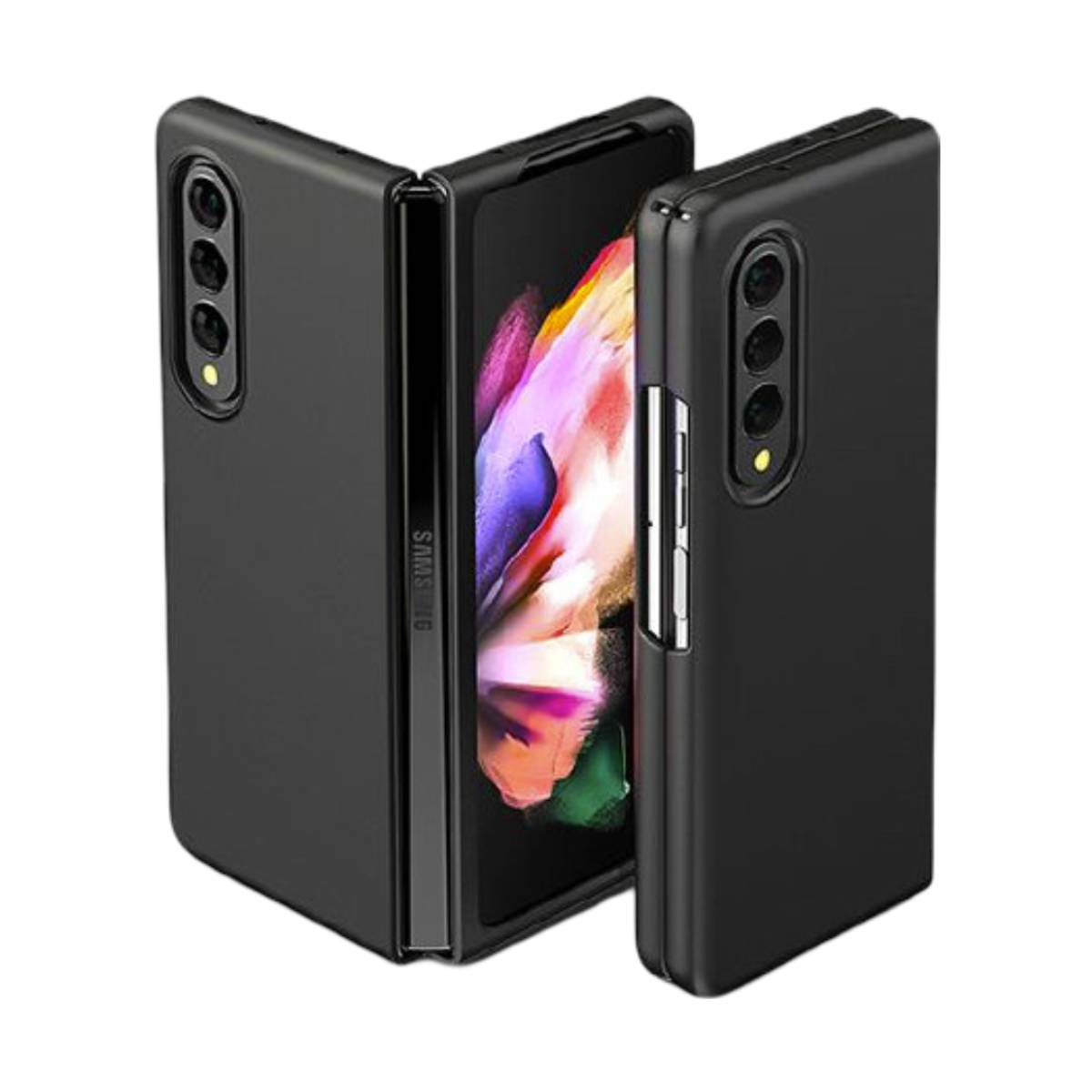 Telefono pieghevole nero con custodia. Vista aperta e chiusa.