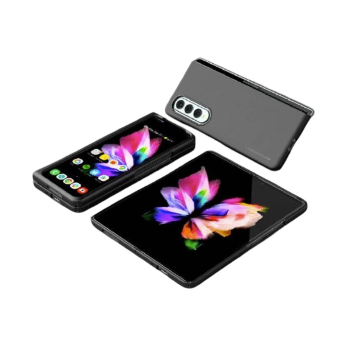 Tre telefoni pieghevoli neri aperti e chiusi. Uno è aperto con uno sfondo floreale colorato sullo schermo.