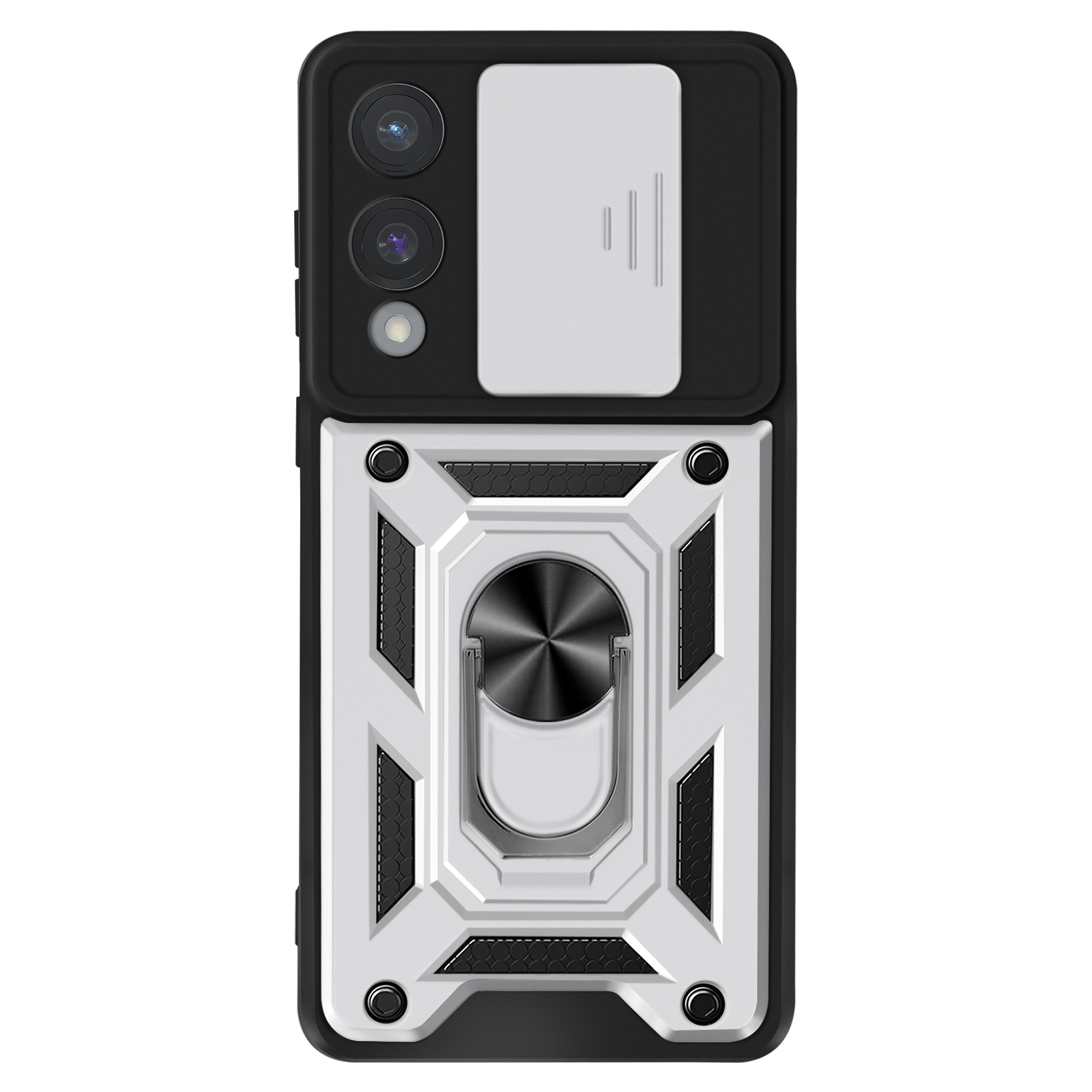Custodia nera per telefono con design bianco, supporto ad anello e copertura fotocamera.
