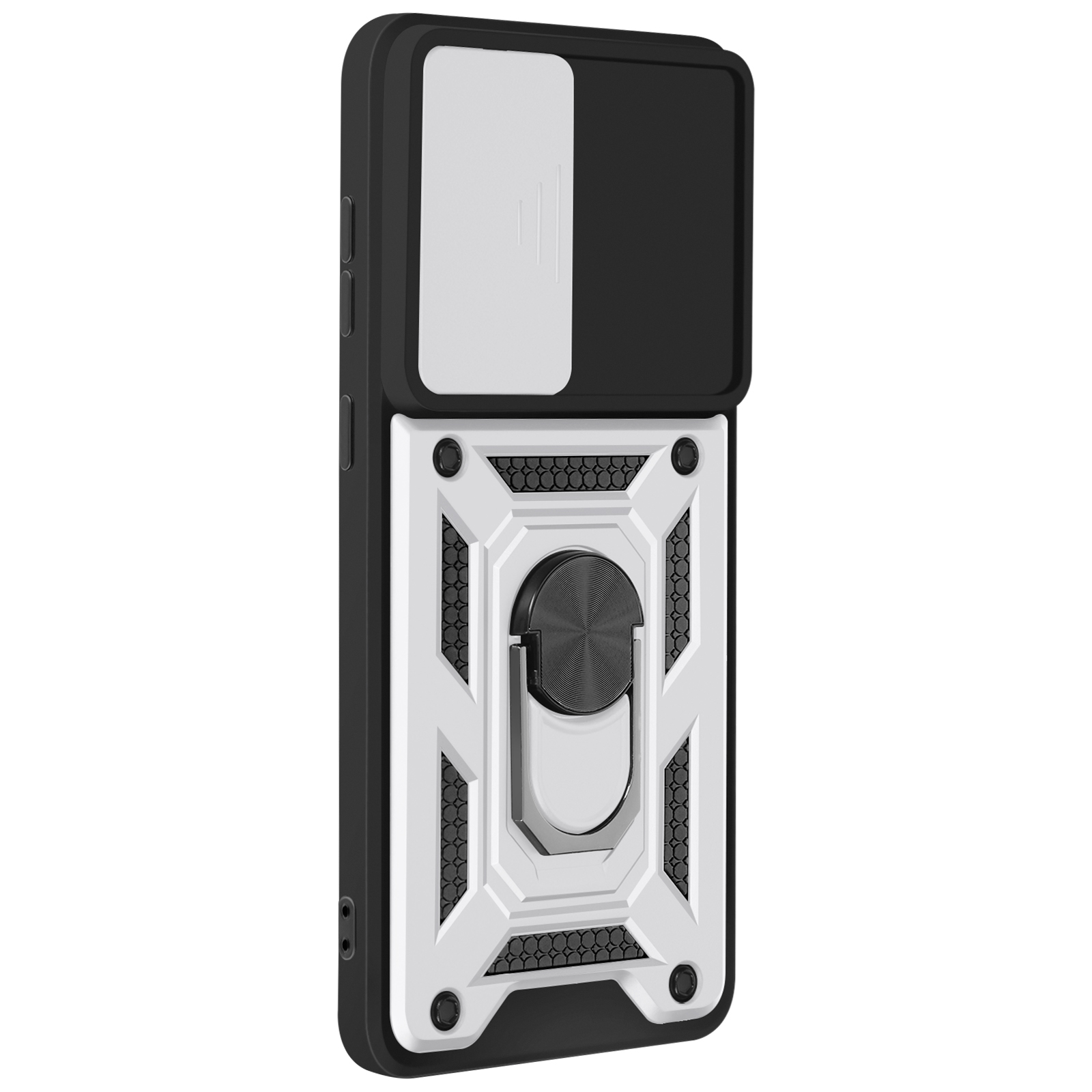 Custodia nera per telefono con design bianco, supporto ad anello e copertura fotocamera.
