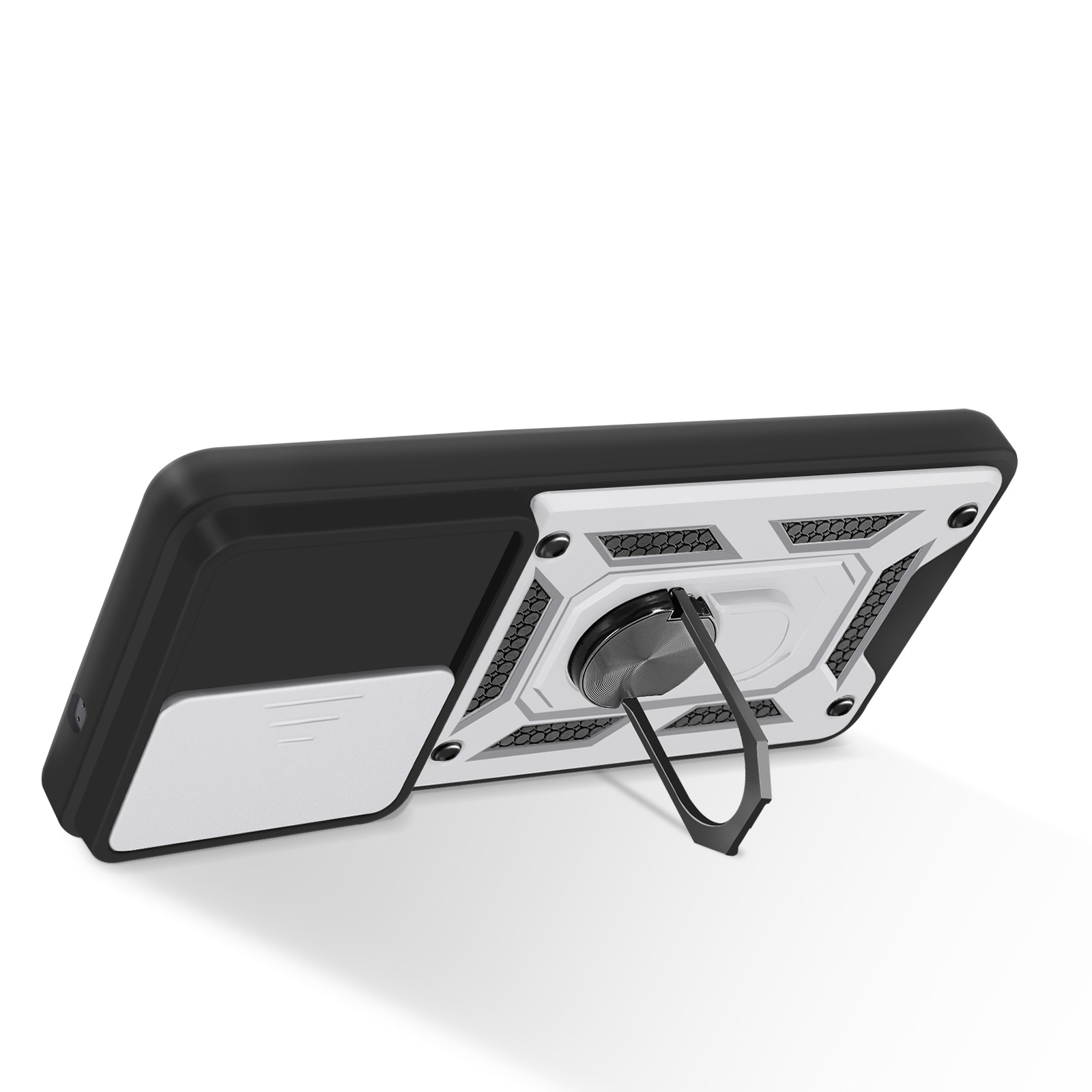 Custodia del telefono angolata verso l'alto, che mostra design bianco, anello e bordi neri. Sfondo bianco.