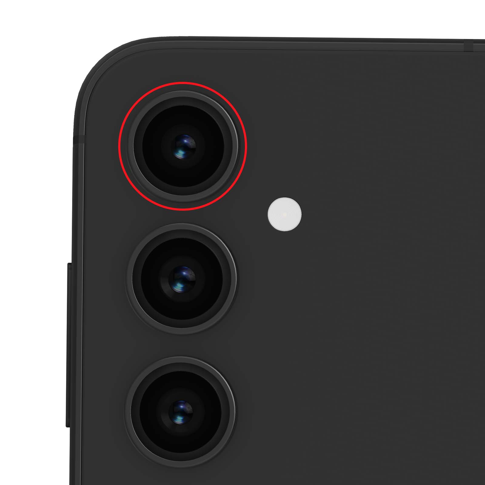 Primer plano de las lentes de la cámara de un teléfono. Tres lentes y un flash en una superficie negra.