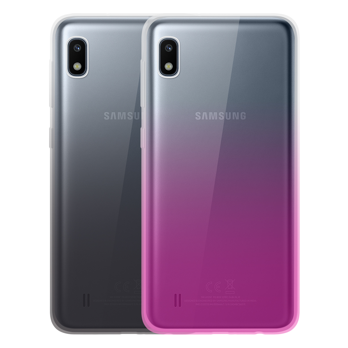 Due telefoni con retro sfumato, uno grigio scuro, uno rosa.