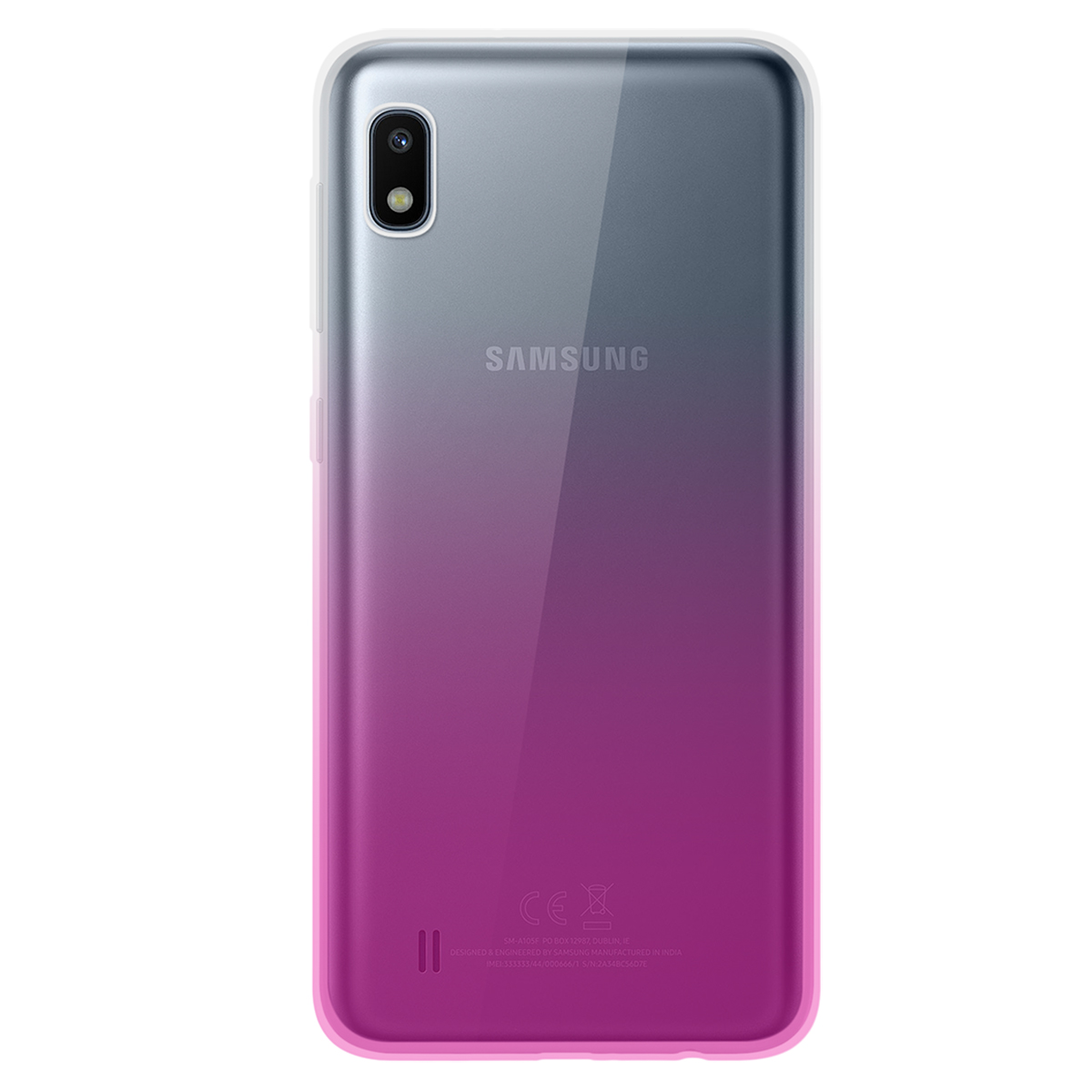 Telefono Samsung in custodia, con gradiente rosa e viola. Il retro è visibile.