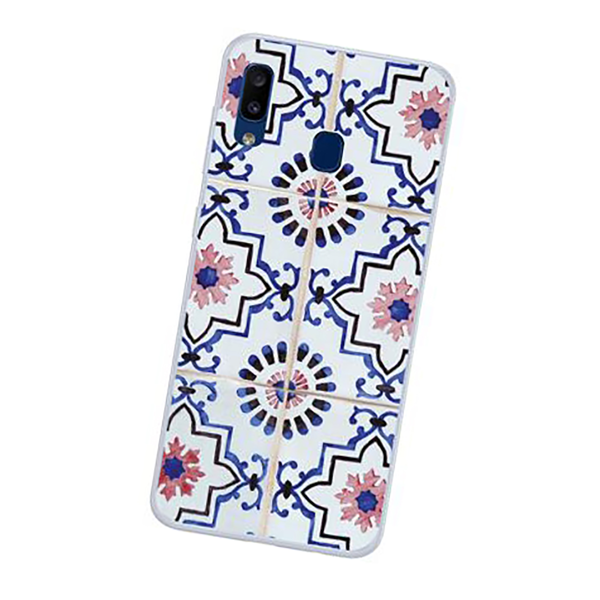 Custodia per telefono con motivo floreale, sfondo bianco. Il telefono è angolato.