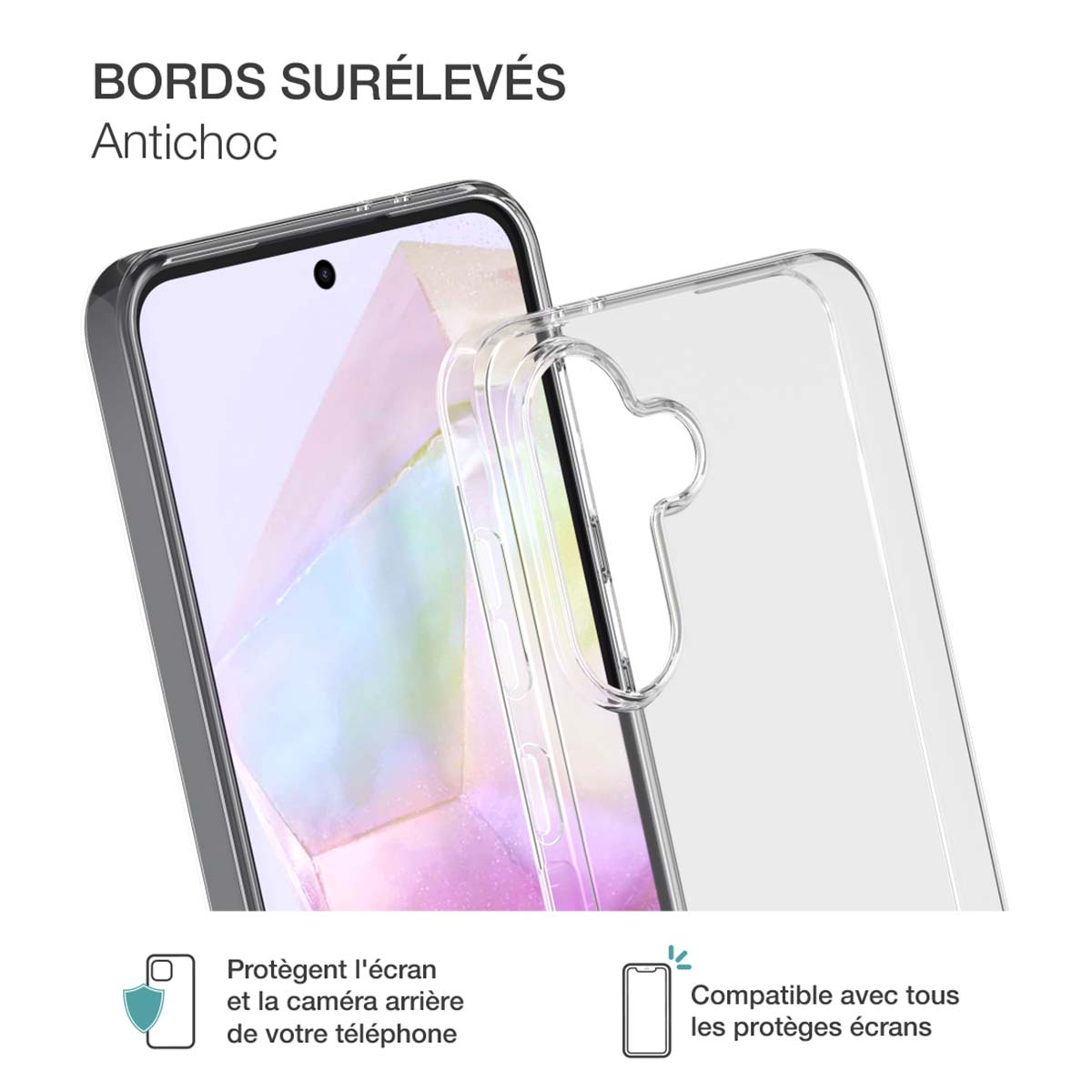 Custodia trasparente con bordi rialzati, protegge schermo e fotocamera.