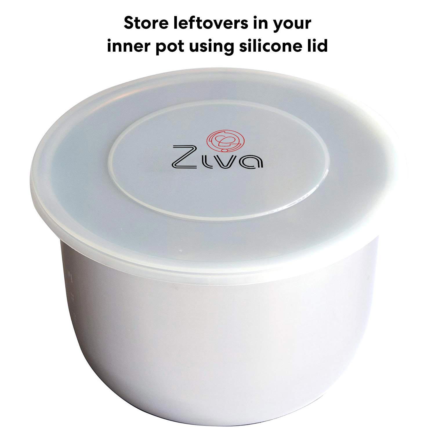 White bowl with a lid. Text states 'Store leftovers in your inner pot using silicone lid'.