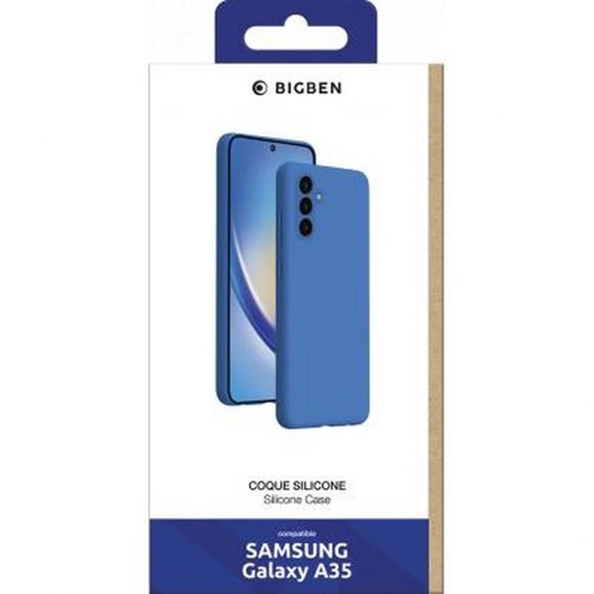 Una custodia blu per telefono e un telefono in una scatola. La scatola ha testo e un logo Bigben.