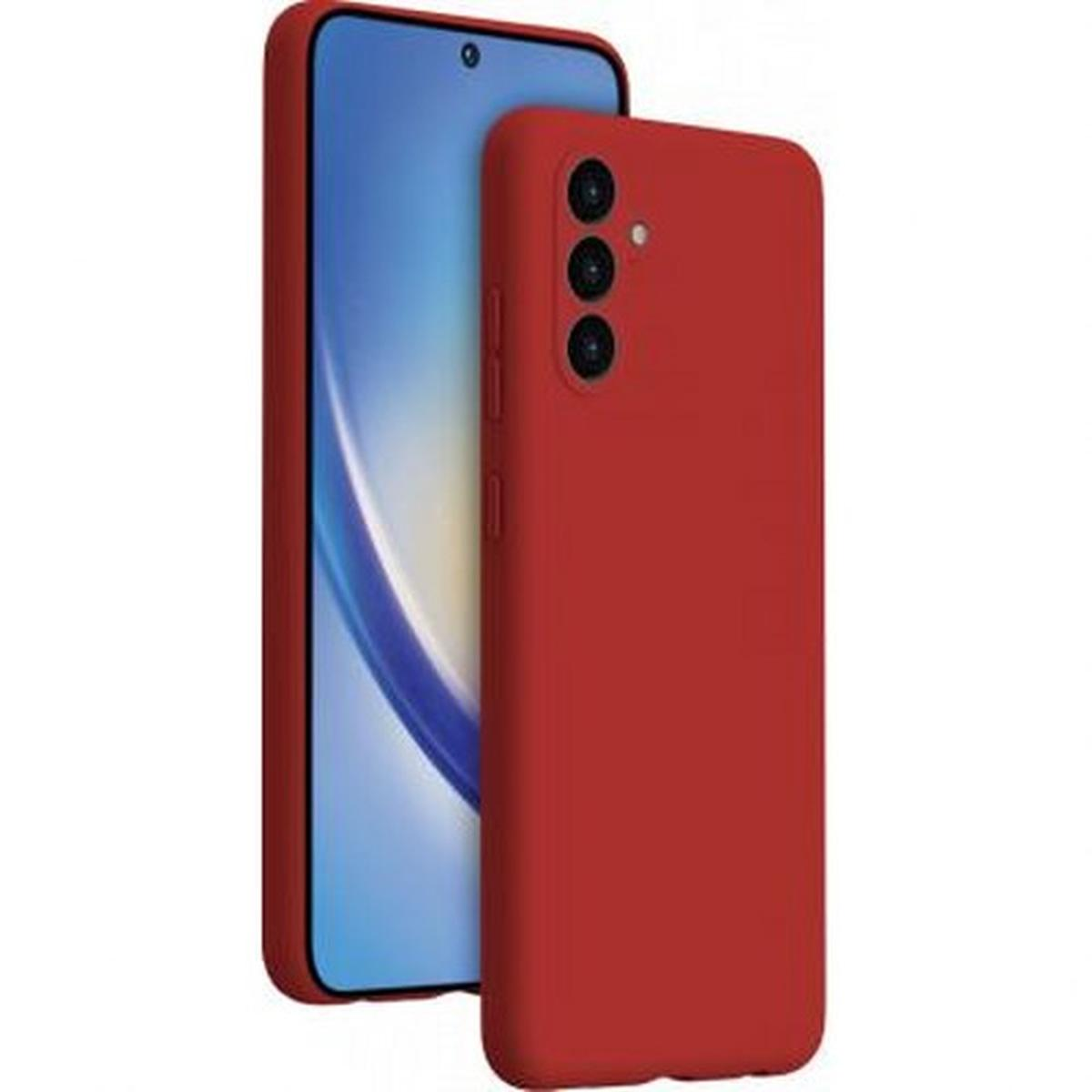 Custodia rossa per telefono con telefono all'interno. Il telefono è blu. Lo sfondo è bianco.