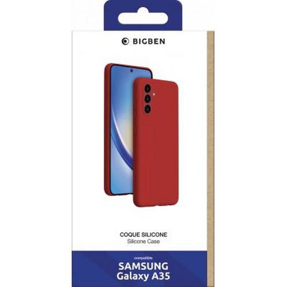 Una custodia rossa per telefono e un telefono in una scatola. La scatola ha testo e un logo Bigben.