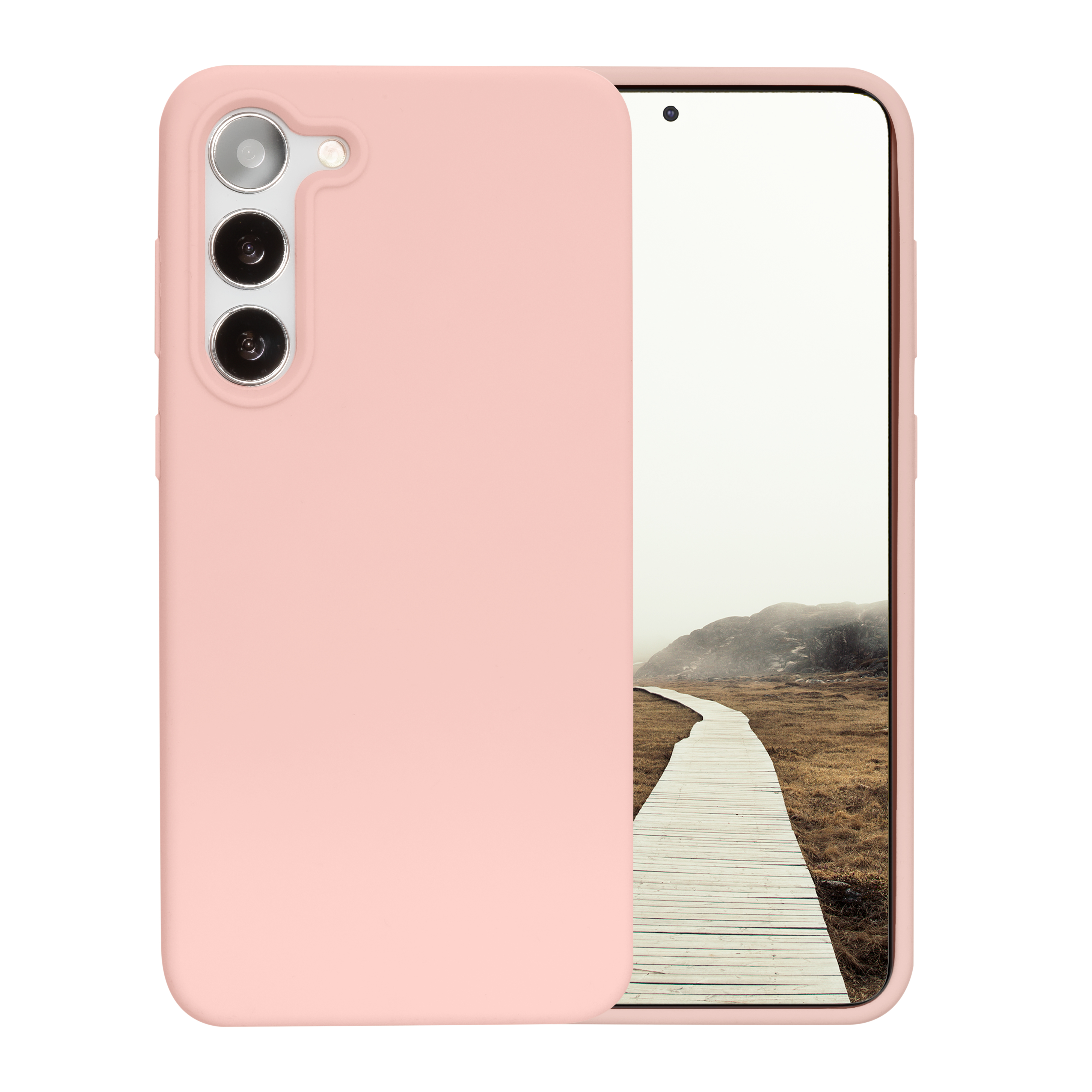 Custodia rosa con telefono che mostra un sentiero di legno in un paesaggio con sfondo nebbioso.