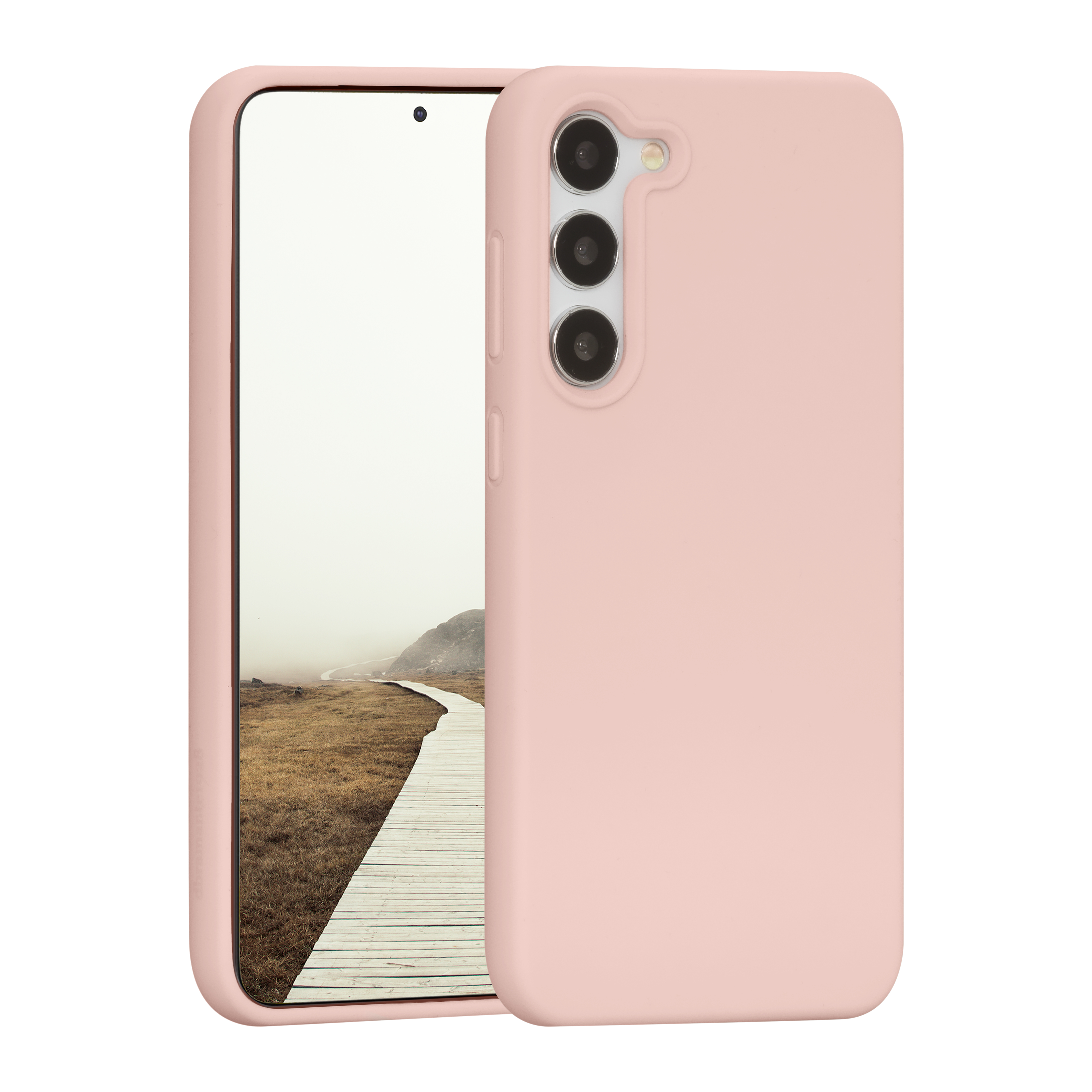 Custodia rosa per telefono con telefono che mostra un sentiero di legno bianco. Sfondo sfocato.