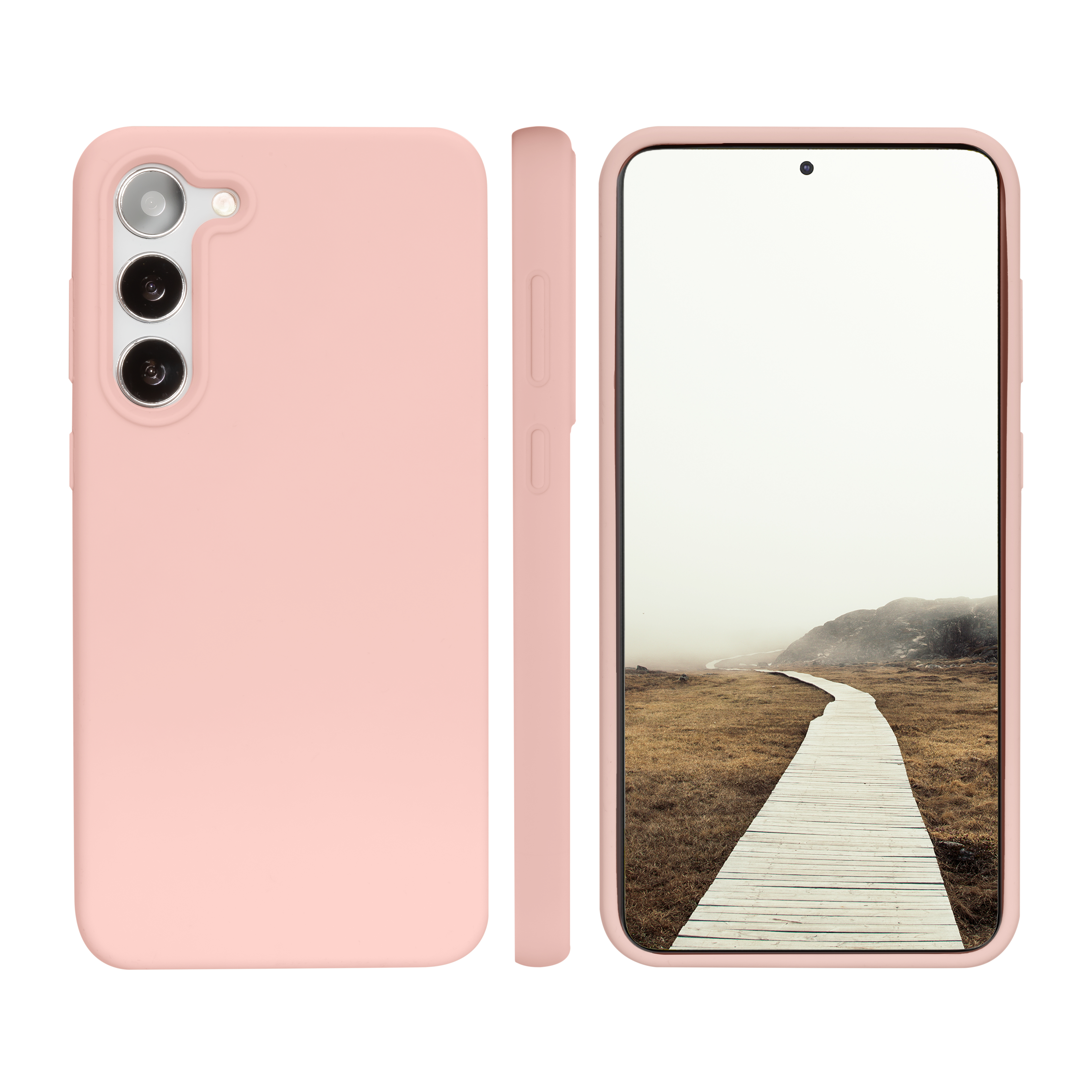 Custodia rosa con telefono che mostra un sentiero di legno in un paesaggio con sfondo nebbioso.