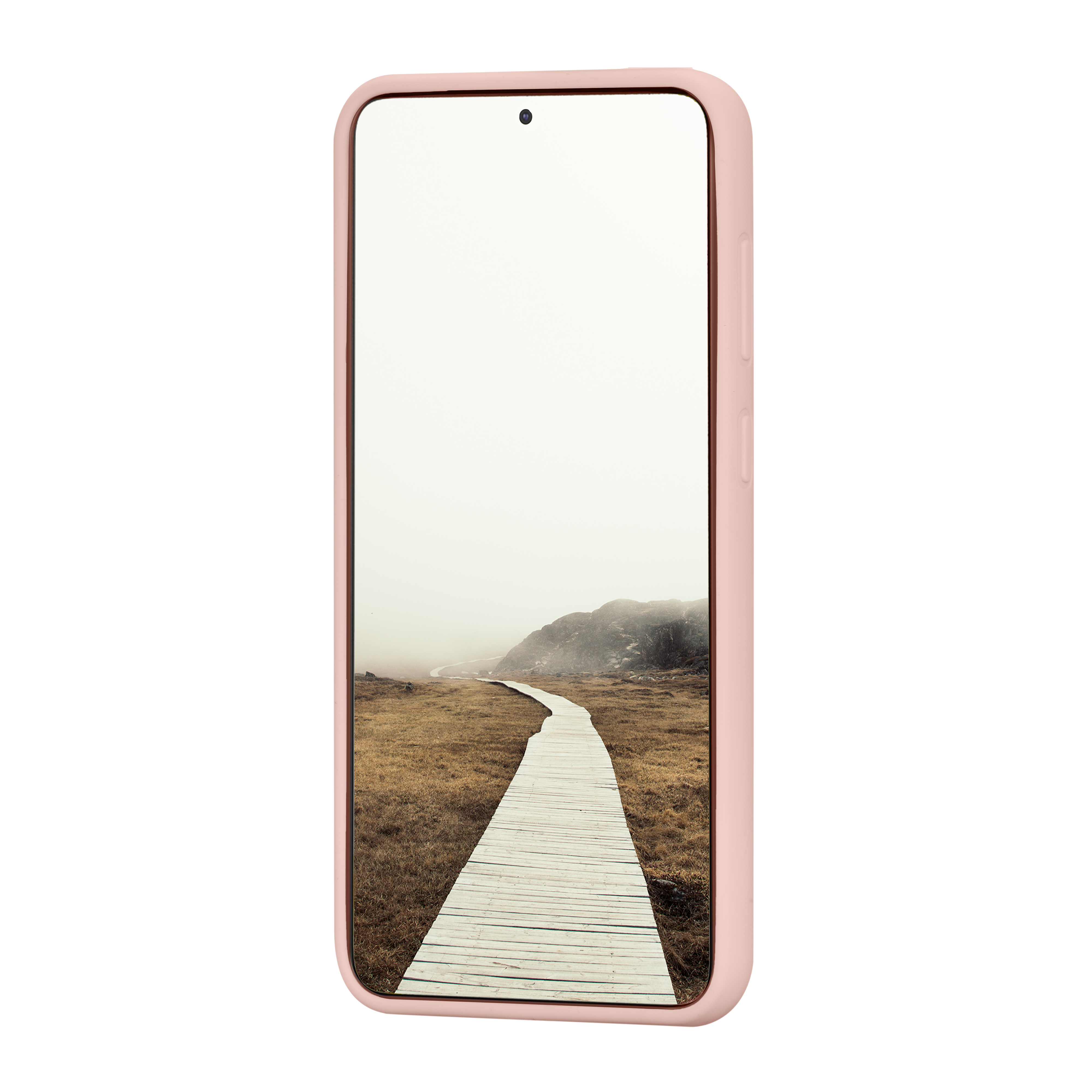 Telefono rosa in una custodia che mostra un sentiero di legno. Lo sfondo è un paesaggio nebbioso.