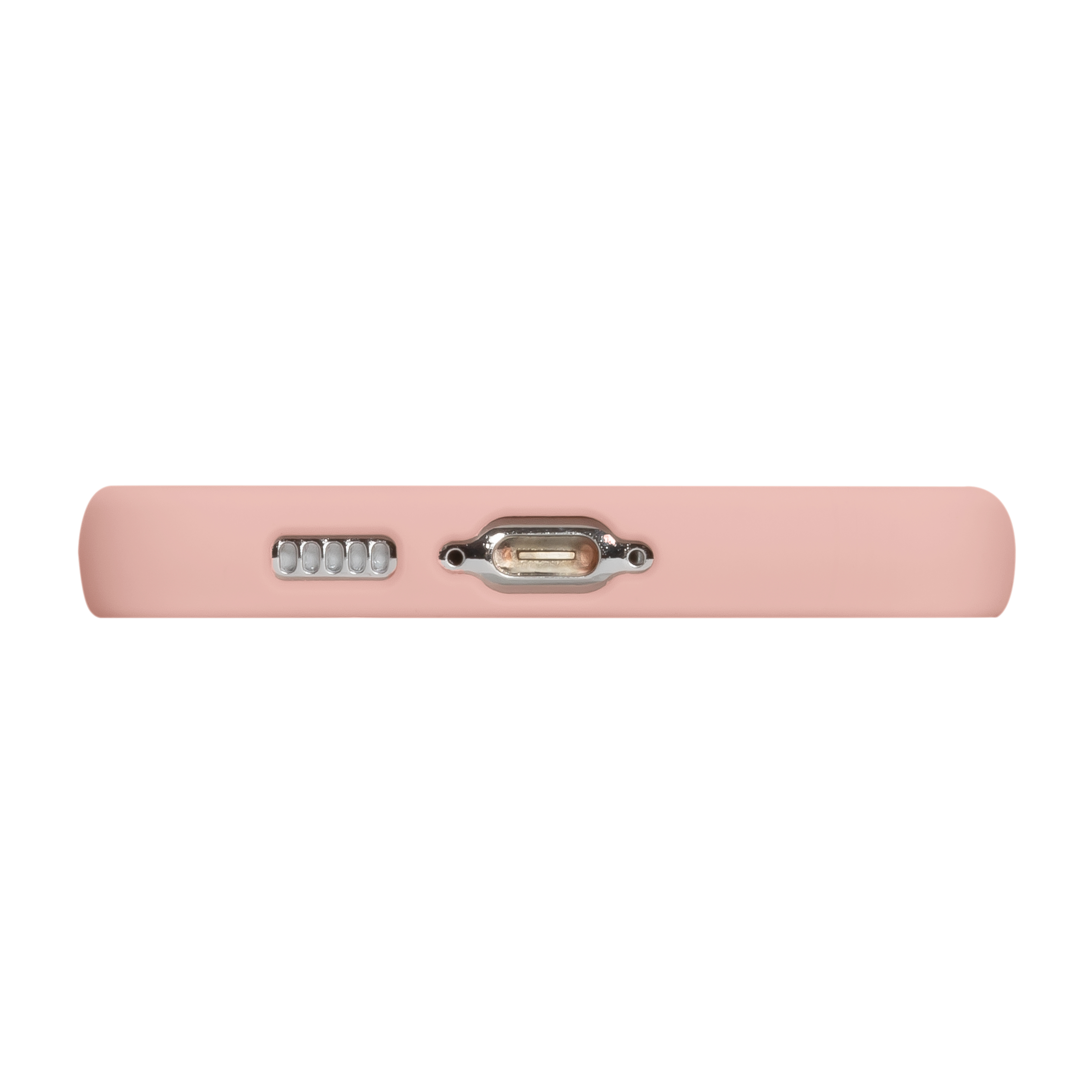 Parte inferiore di una custodia rosa con porta di ricarica e fori per altoparlanti. Sfondo bianco.