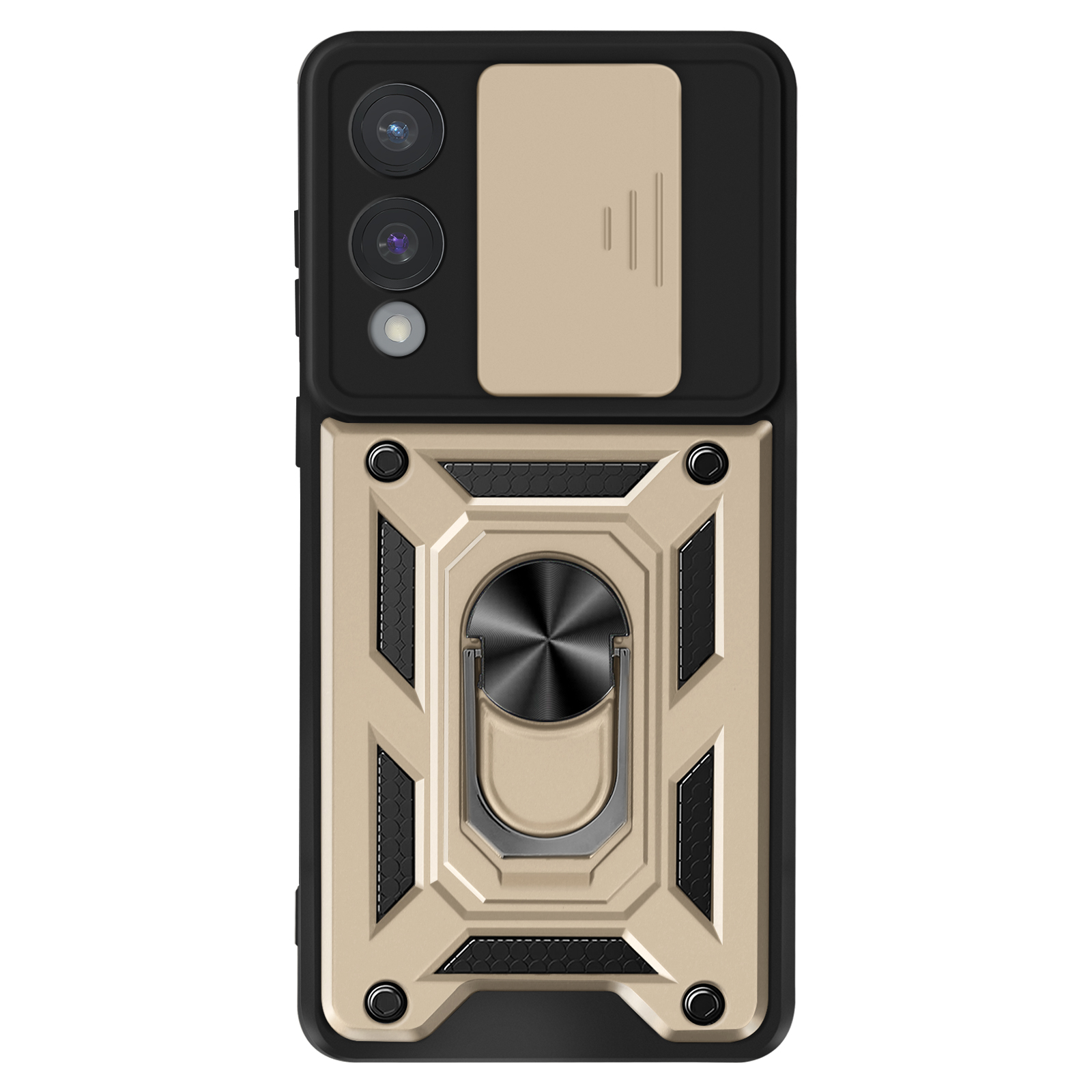 Custodia per telefono oro e nera con copertura fotocamera e anello.
