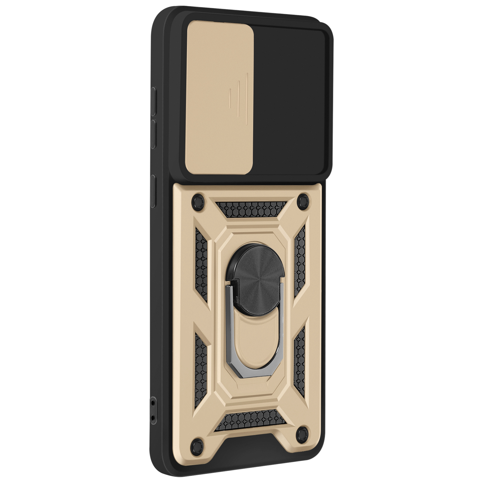 Custodia per telefono oro e nera con copertura fotocamera e anello.
