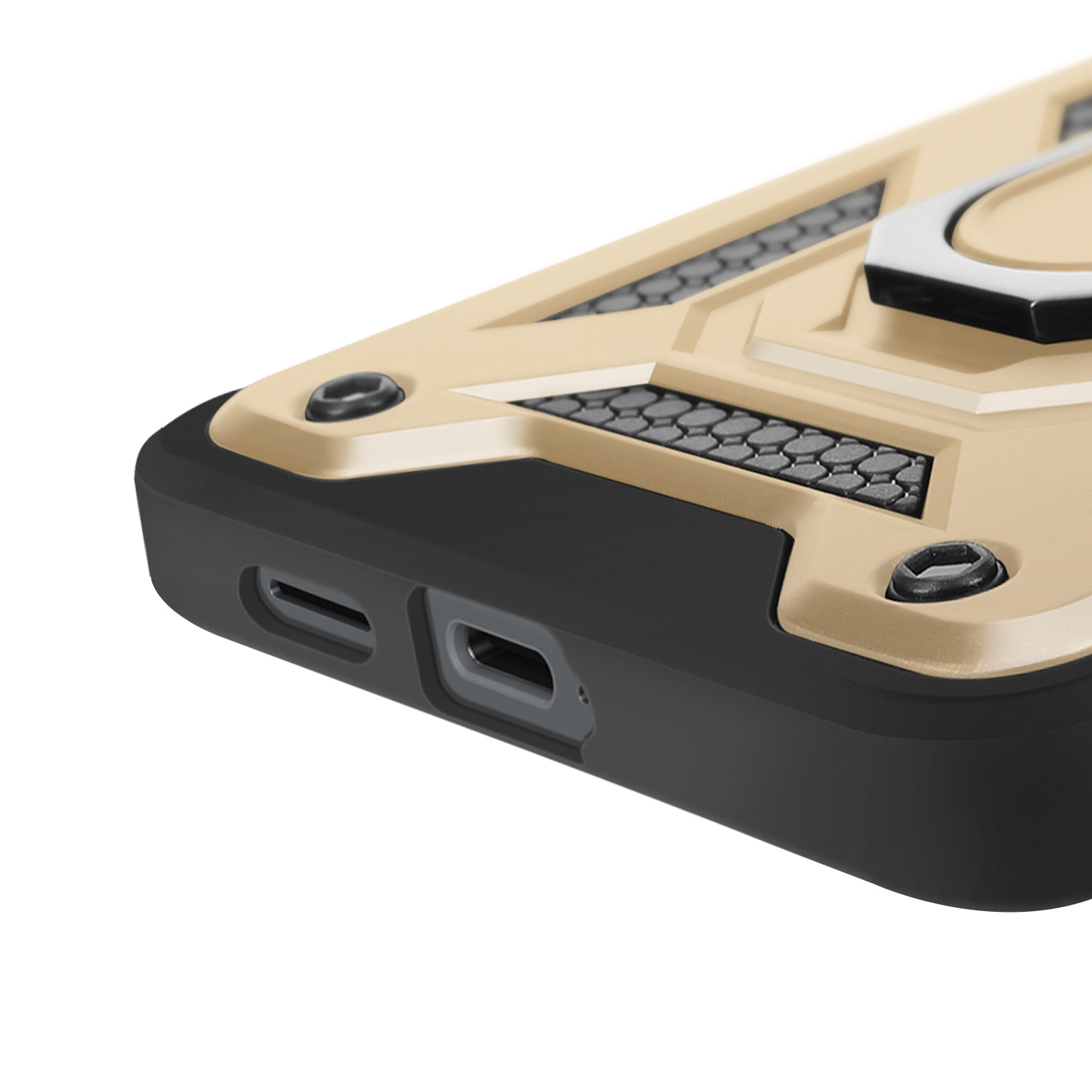 Primo piano della custodia del telefono con dettagli oro, neri e supporto ad anello.