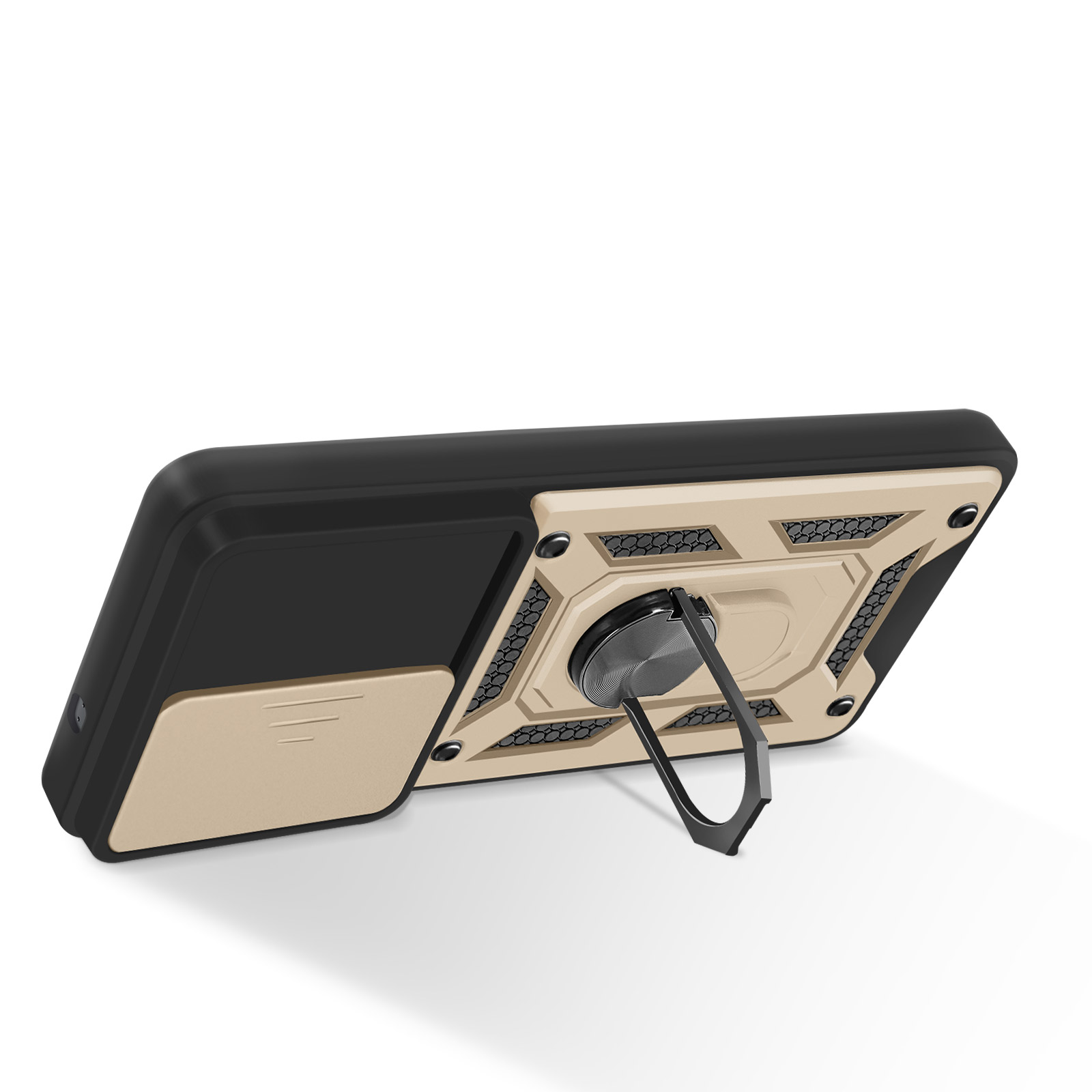 Custodia per telefono nera e oro con un anello sul retro. Sfondo bianco.