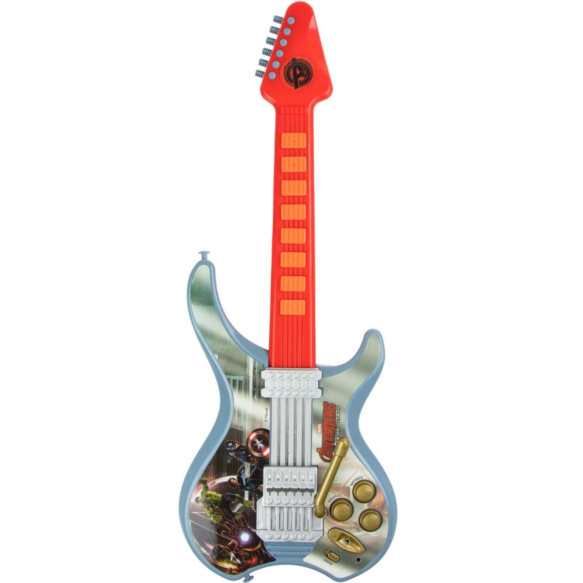 Avengers Gitarre. Blaue und rote Farben. Figuren auf dem Korpus gedruckt.