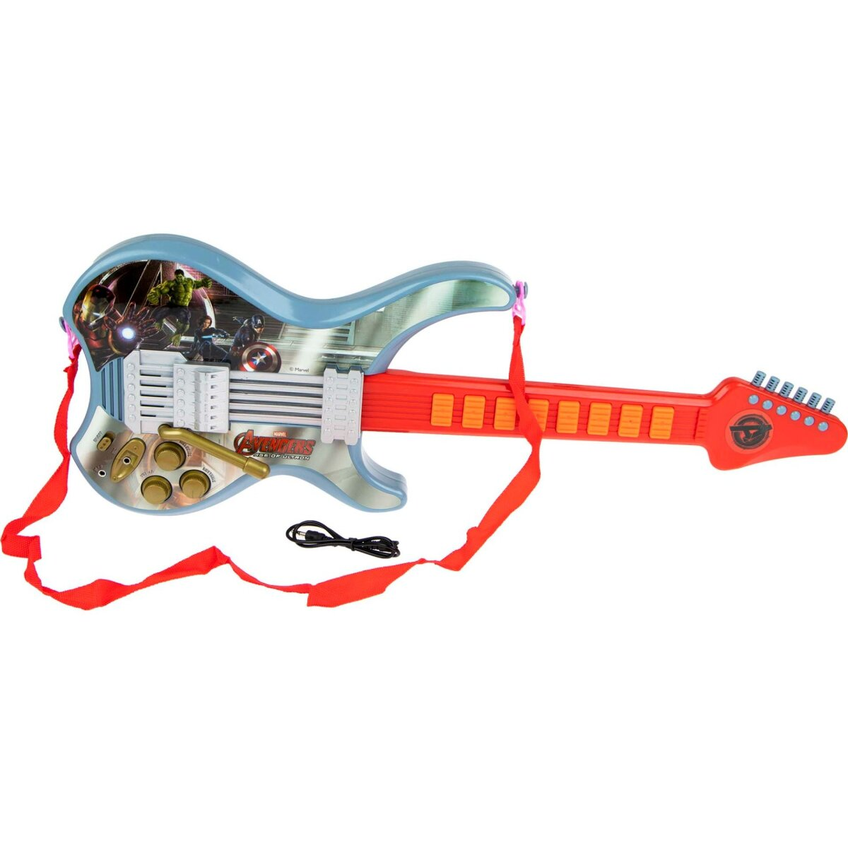 Blaues Spielzeug Gitarre mit Avengers-Grafiken, rotem Hals und Riemen.
