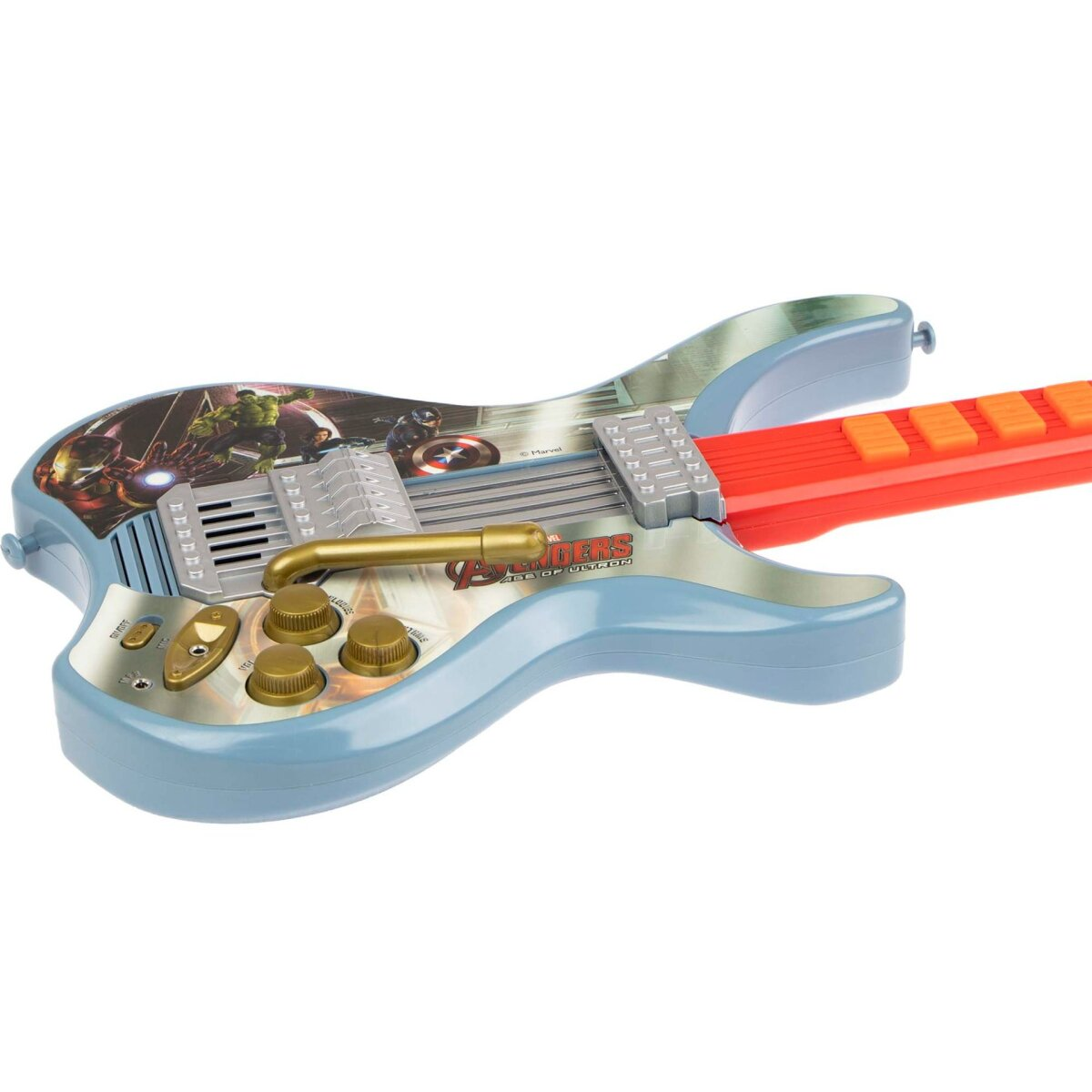 Spielzeug Gitarre mit Avengers-Grafiken, blauem Korpus und rotem Hals.