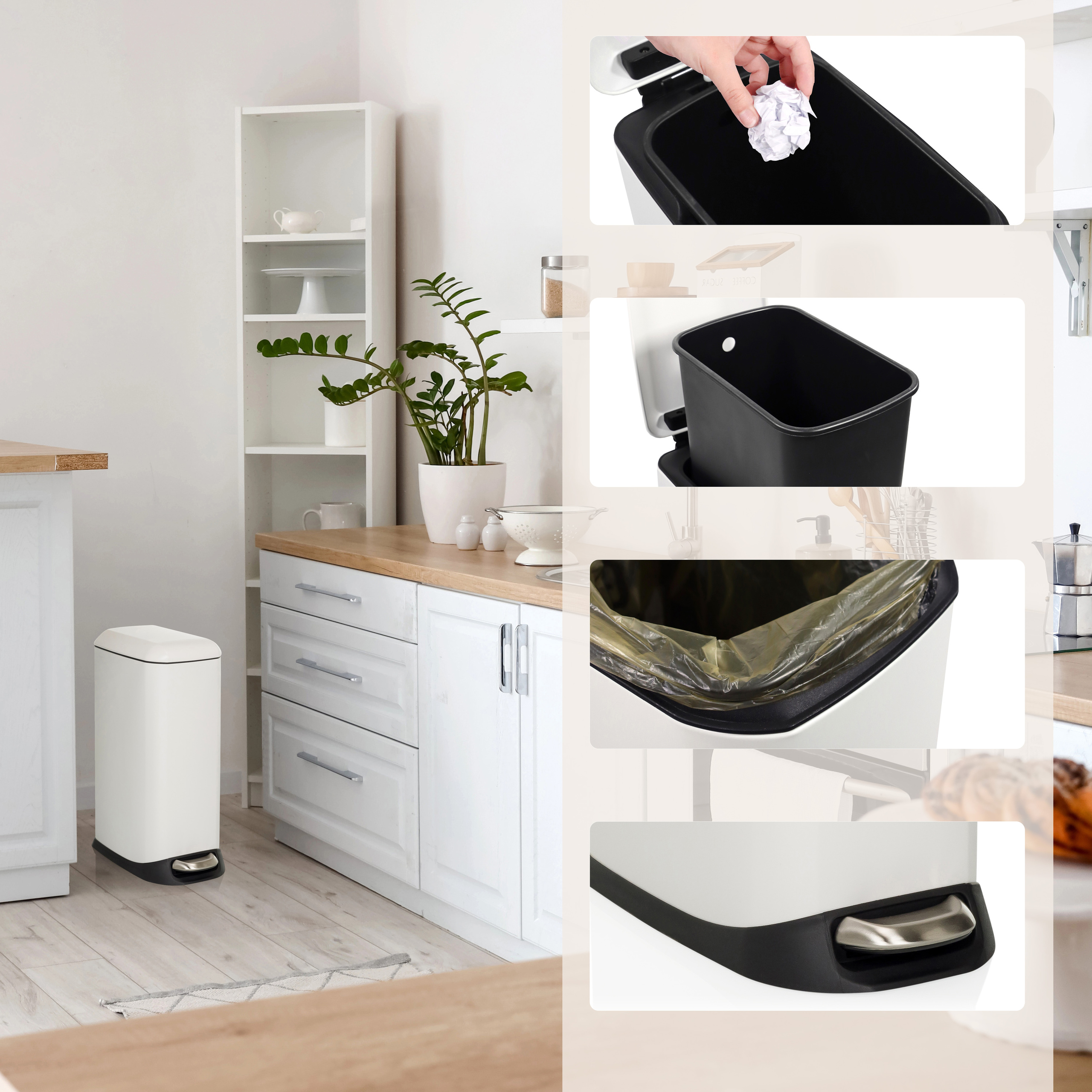 Küche mit weißem Mülleimer, Holzschrank, Regalen und Pflanze.