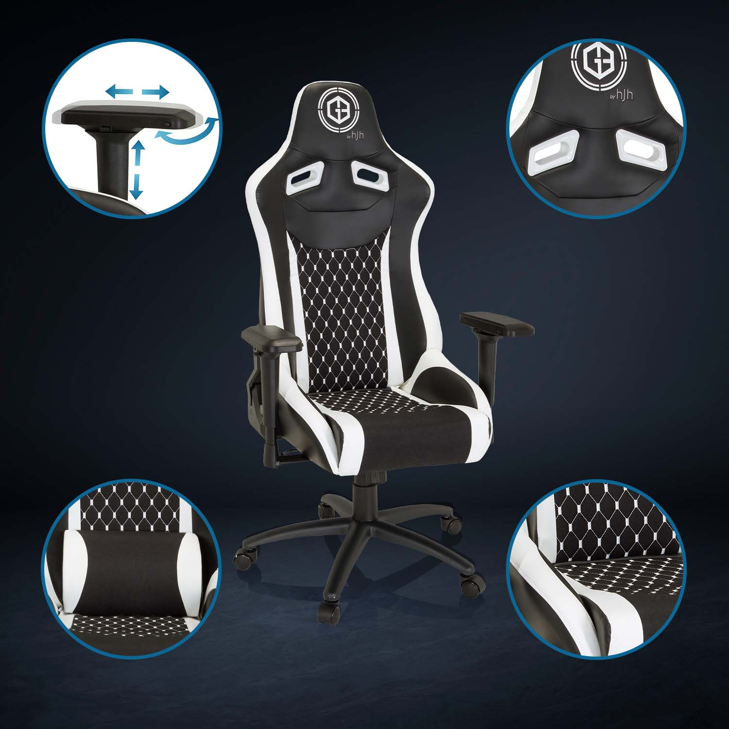 Gaming-Stuhl mit schwarz-weißem Design. Er hat Details des Stuhls in den Ecken des Bildes.