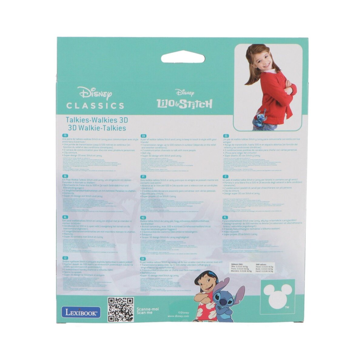 Back of a Disney Stitch walkie-talkie box, with text and images in various languages.