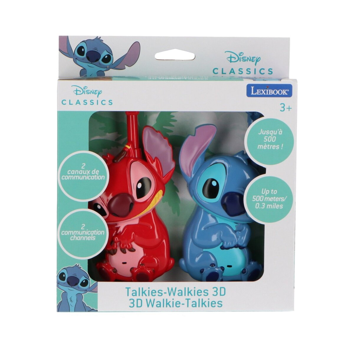 Disney Classics Stitch walkie-talkies in a box. One red and one blue. Text reads '3D Walkie-Talkies'.